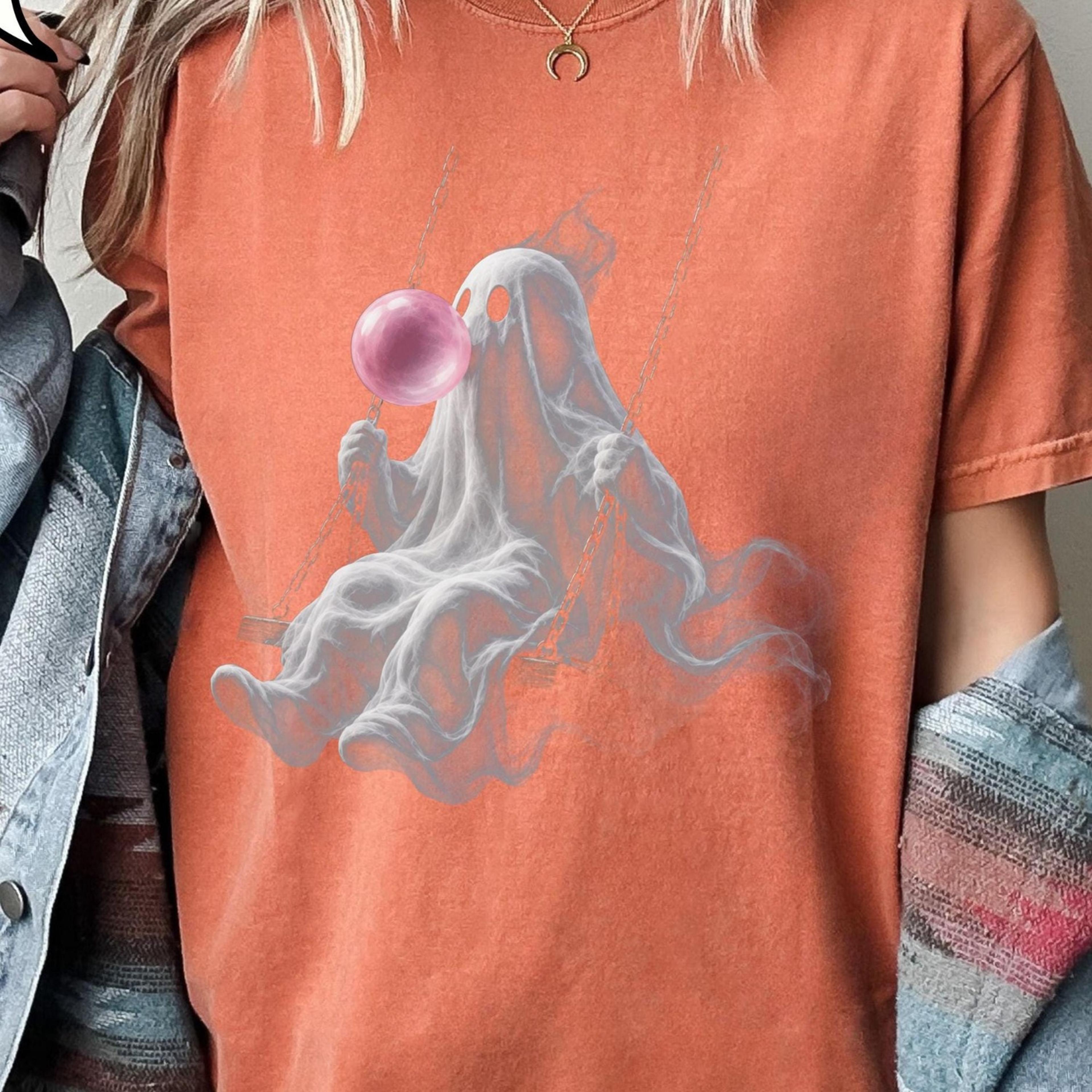 ghost swinging t shirt pink bubble halloween tee cute spooky ghost shirt for women