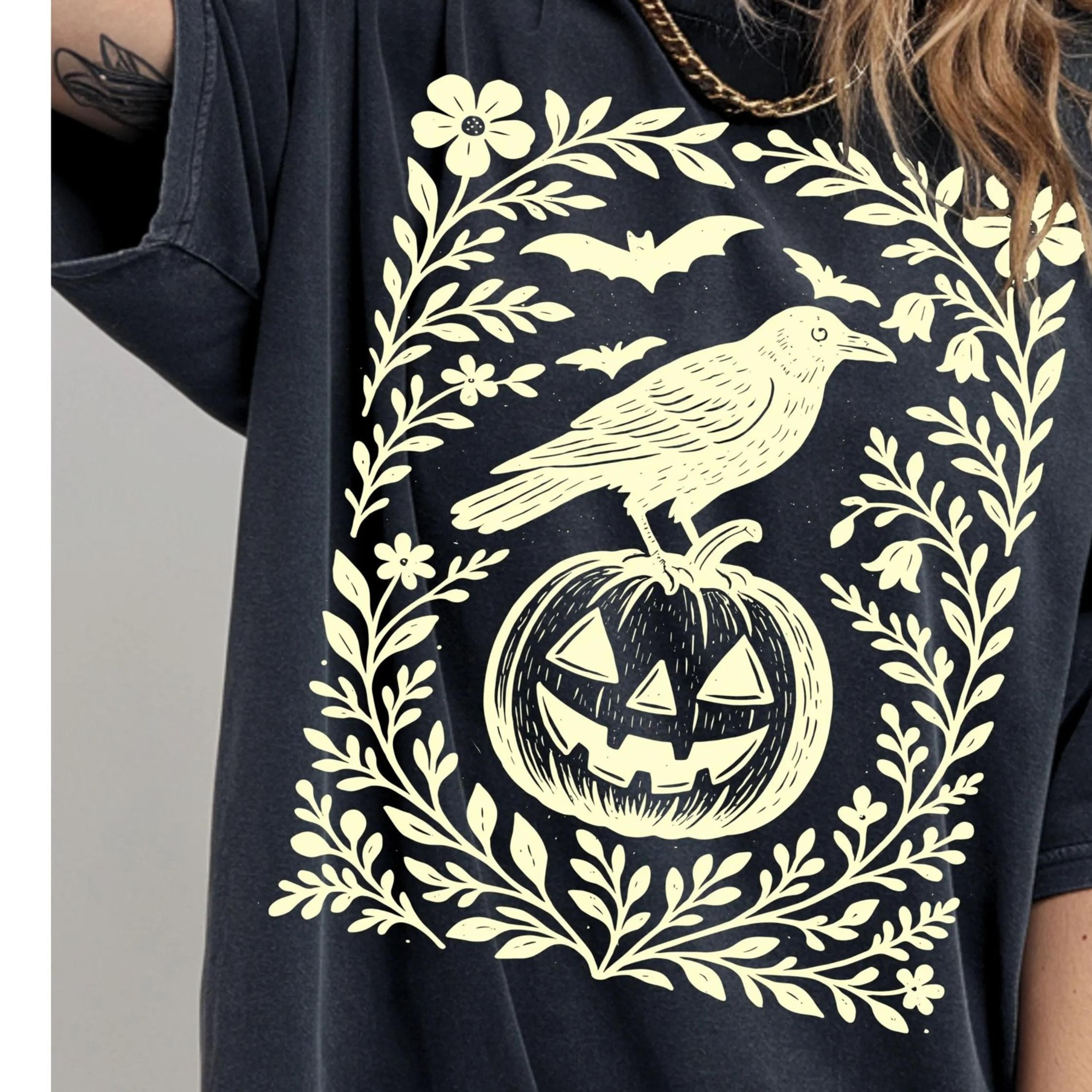 halloween crow pumpkin shirt, jack o lantern, boho cottagecore, floral halloween, oversized, comfort colors, crewneck te