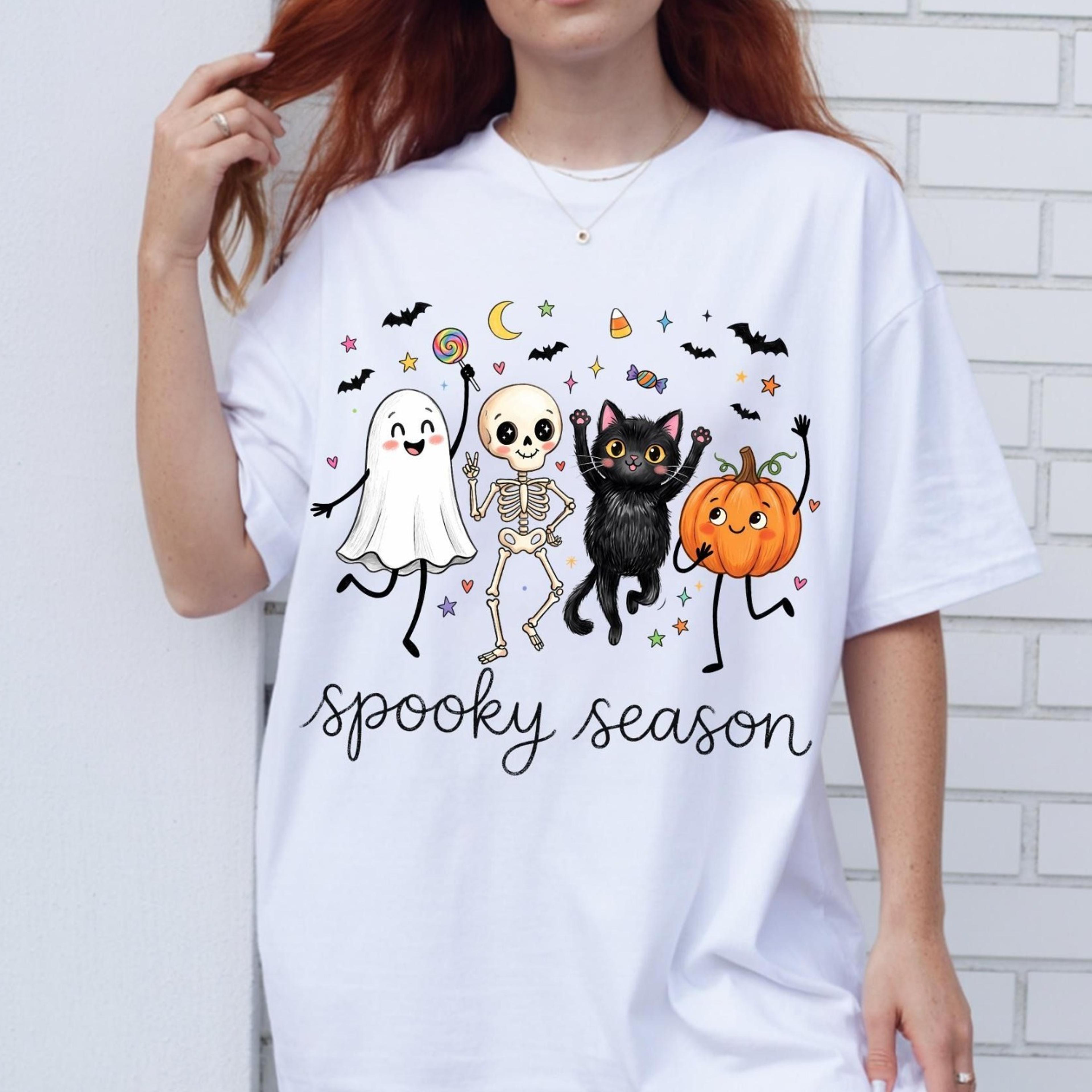 spooky season shirt, cute ghost skeleton pumpkin cat tee, halloween graphic shirt, funny fall halloween tee