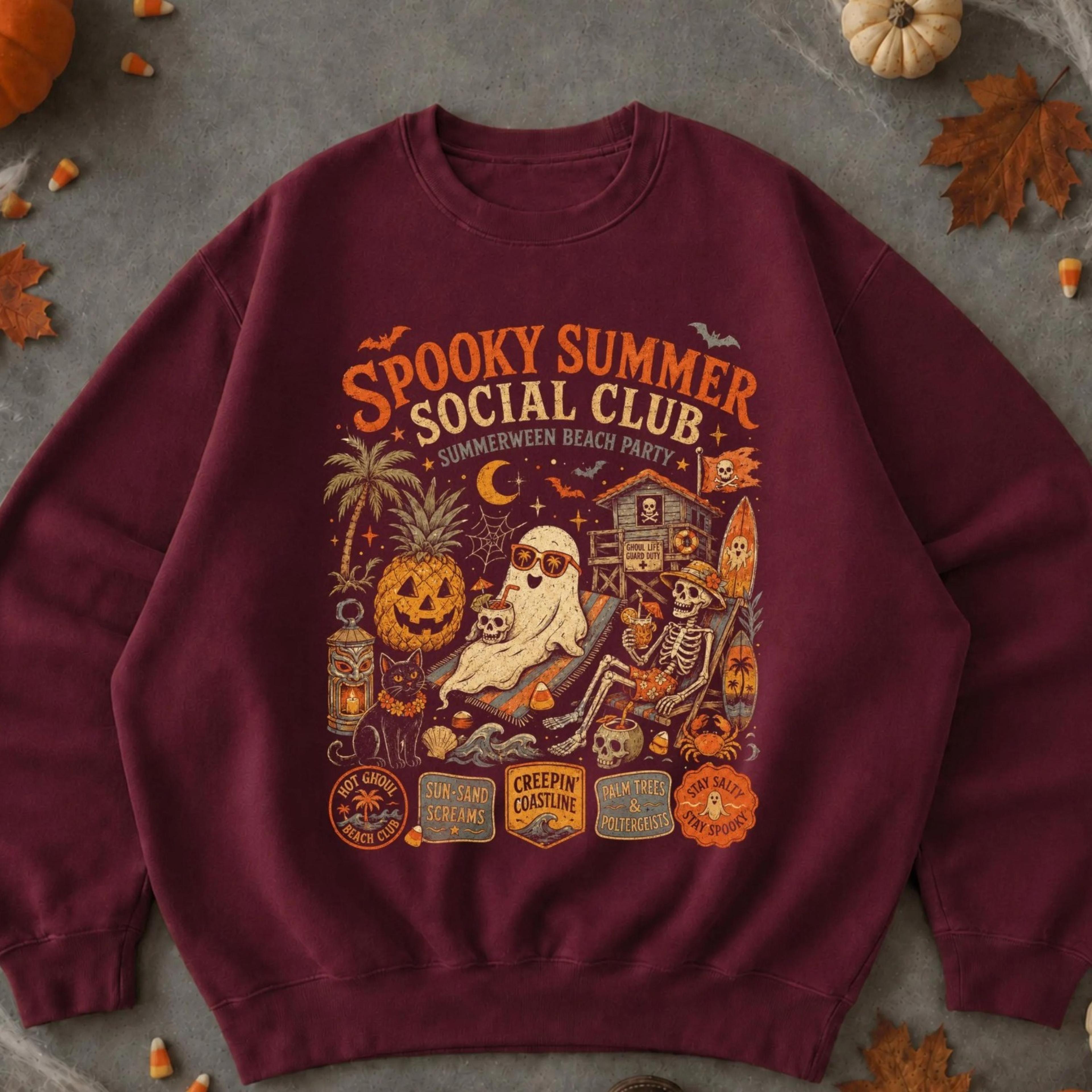 spooky summer social club shirt, summerween halloween tshirt, ghost skeleton pumpkin beach tee, retro spooky surf graphi