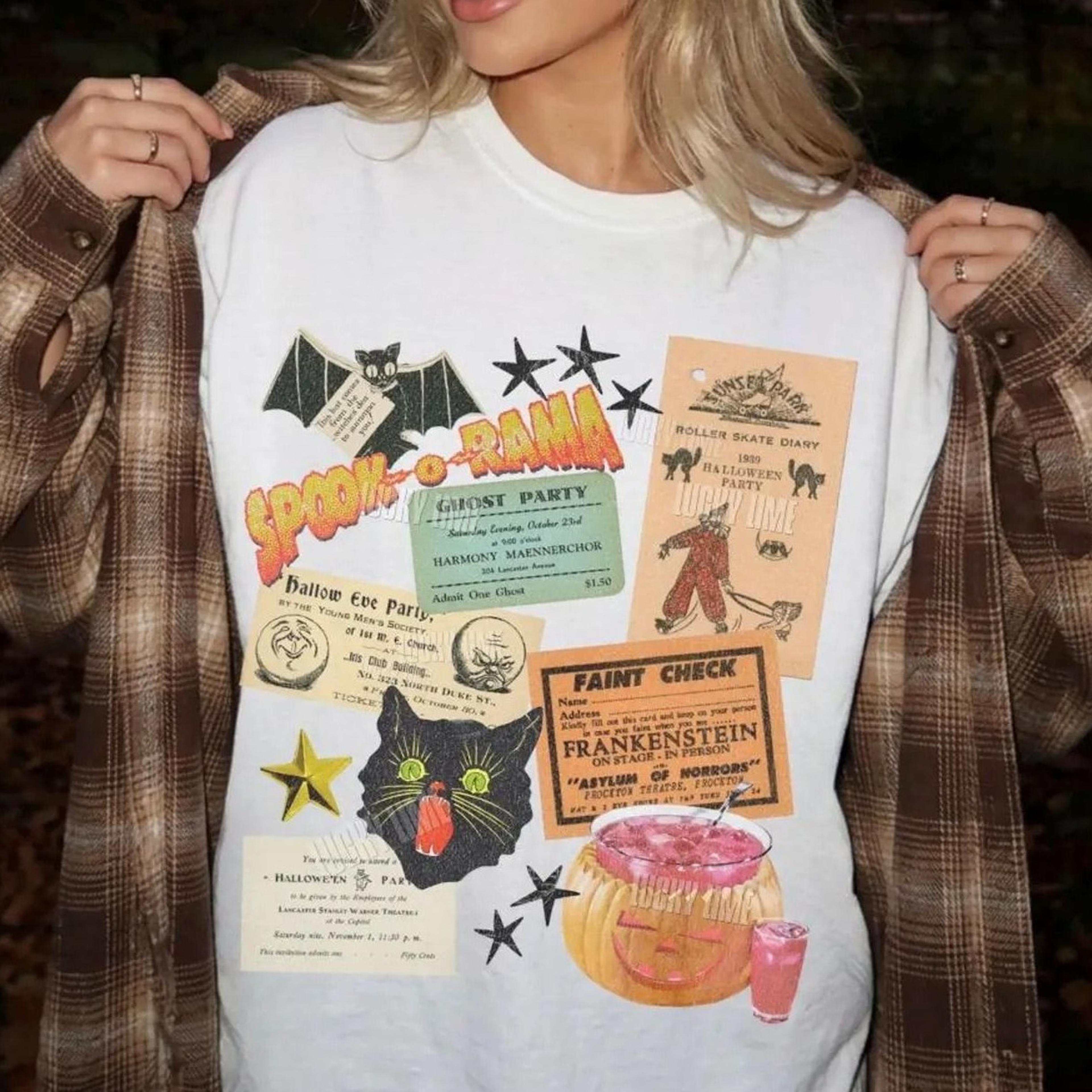 vintage halloween party ephemera tshirt, spooky season tee, halloween cat shirt, bat halloween tee