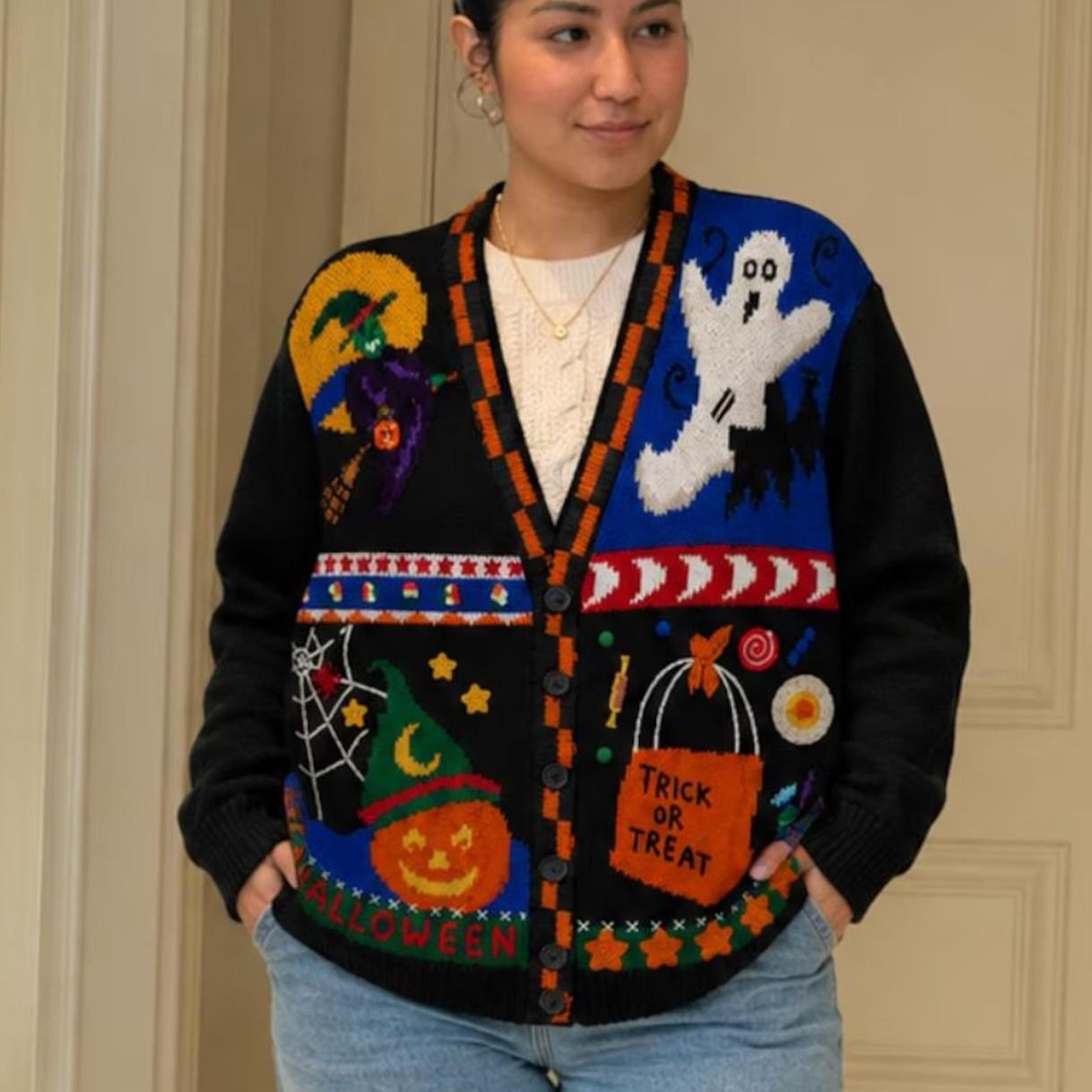 trick or treat halloween cardigan, pumpkin knit cardigan, retro pumpkin cardigan, fall holiday sweatshirt