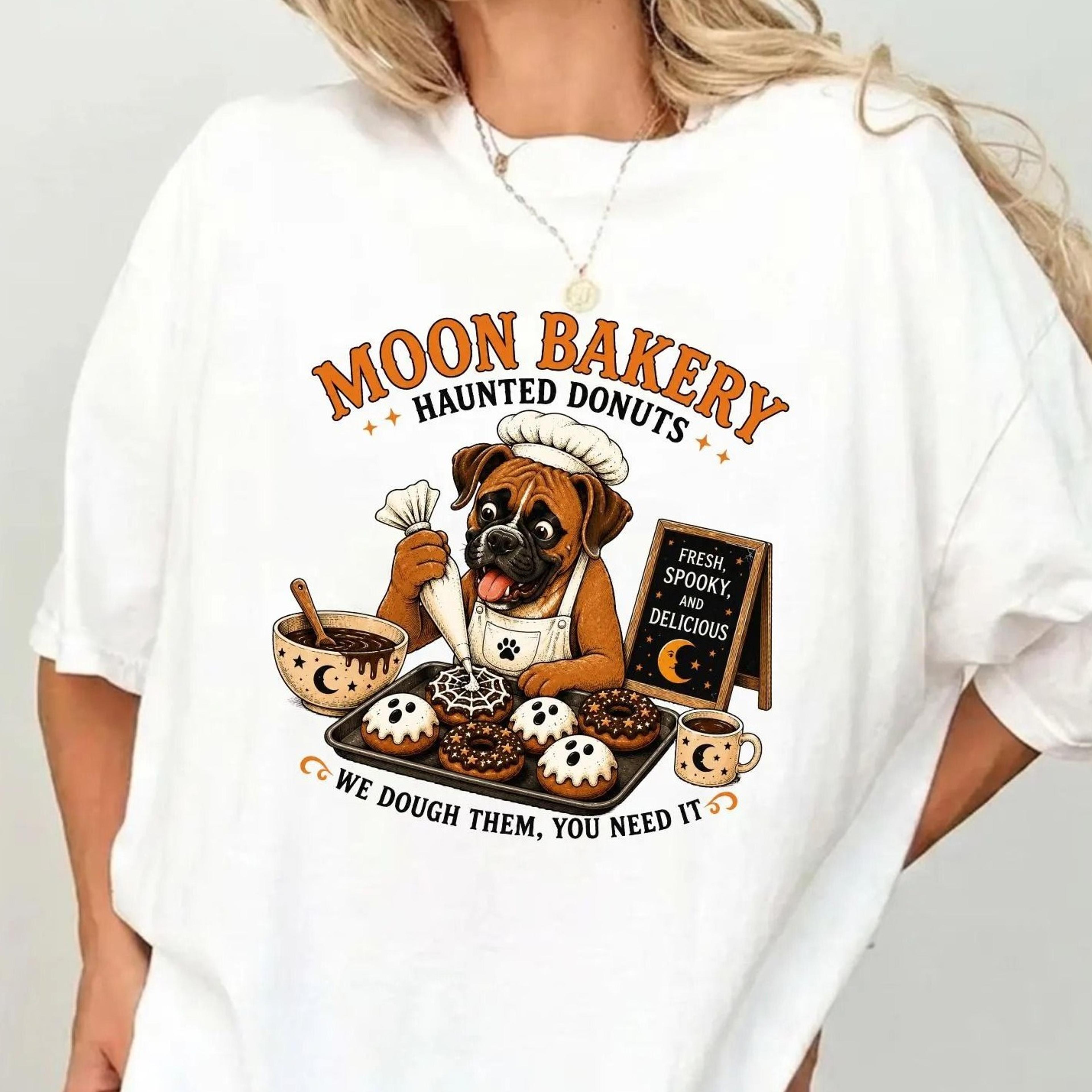 boxer dog moon bakery haunted donuts t-shirt fresh spooky delicious bakery graphic tee