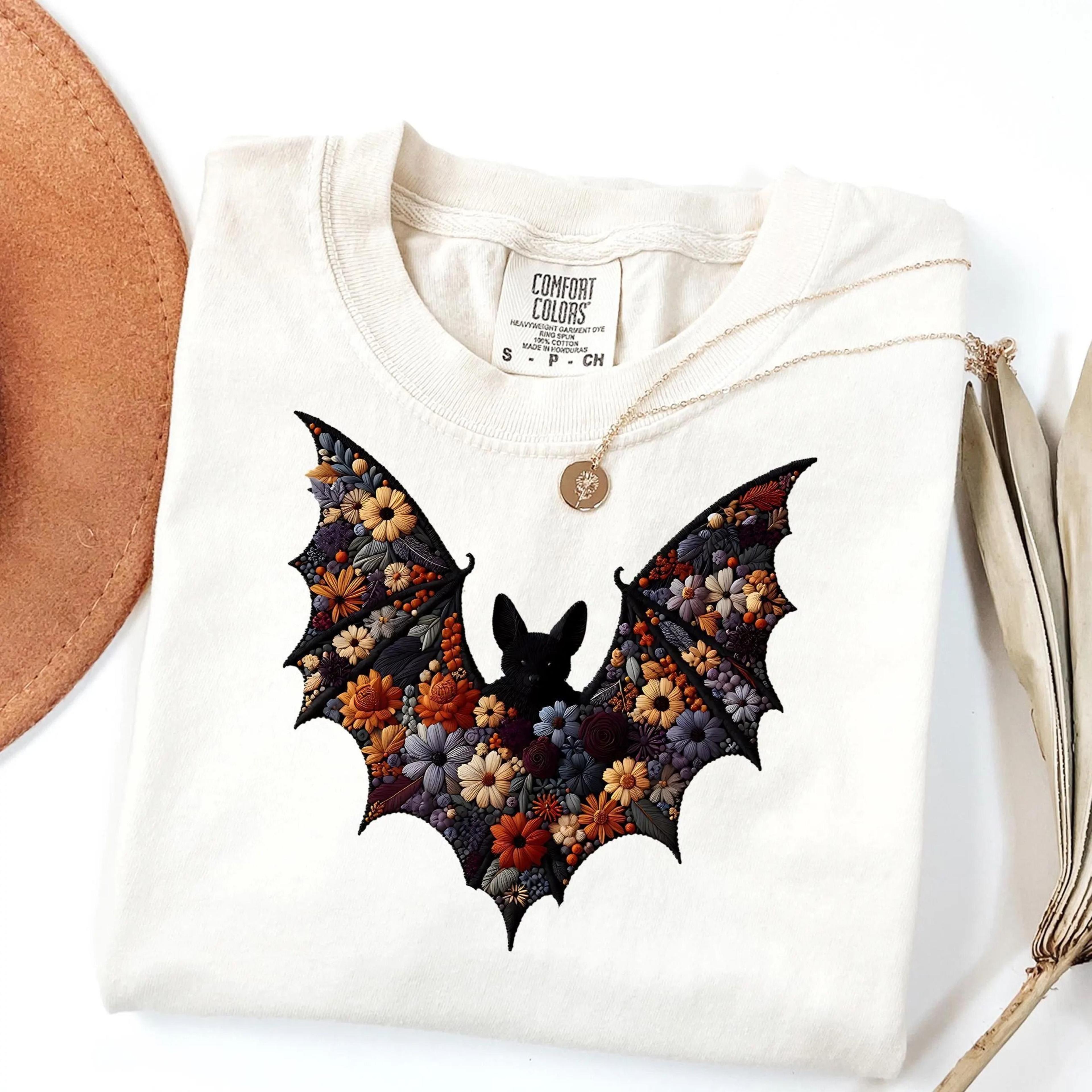 bat shirt, halloween bat faux embroidery shirt, spooky season tee, halloween cute women outfit, halloween gift