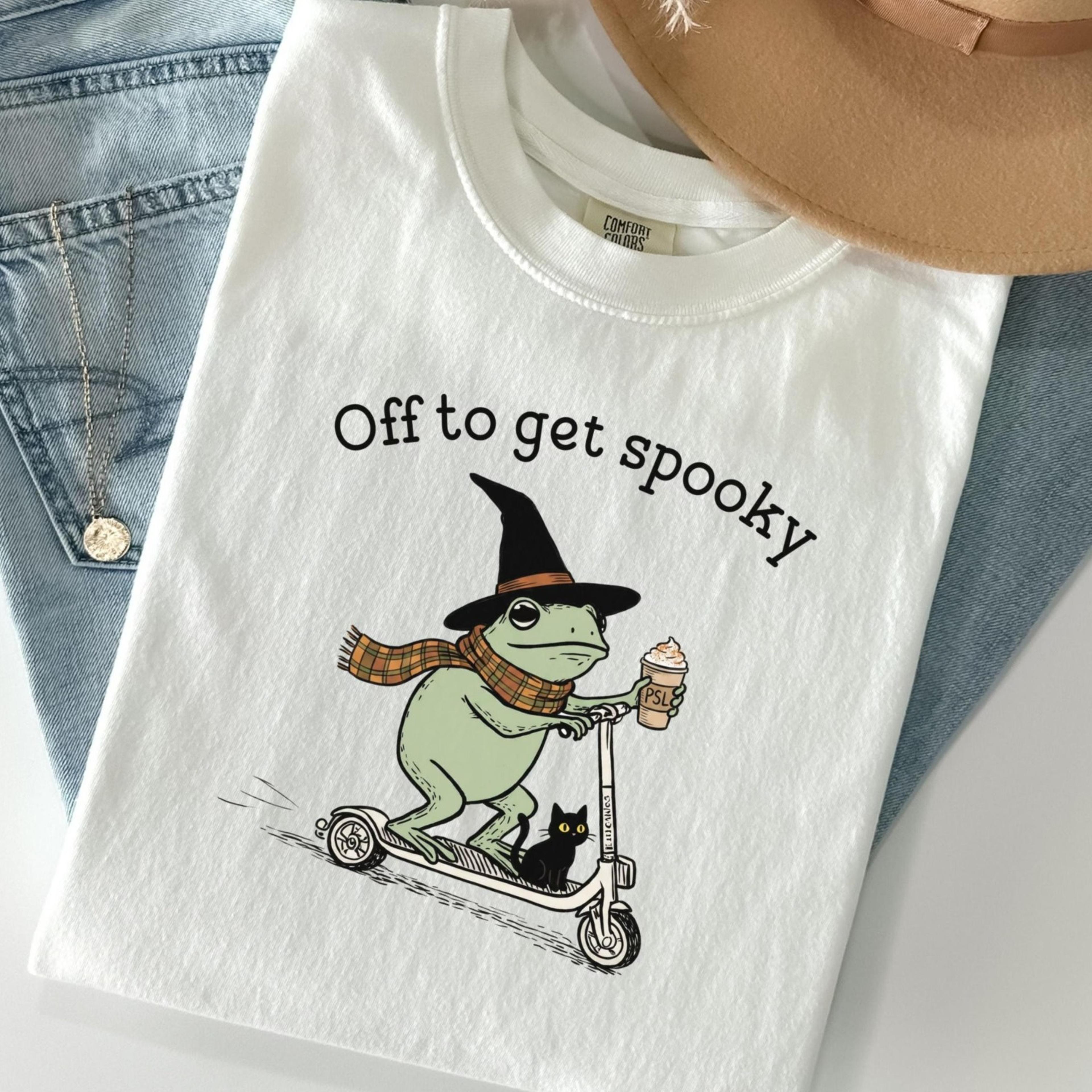 shirt spooky season t-shirt off to get spooky frog scooter tshirt silly cozy witch tee black cat pumpkin spice