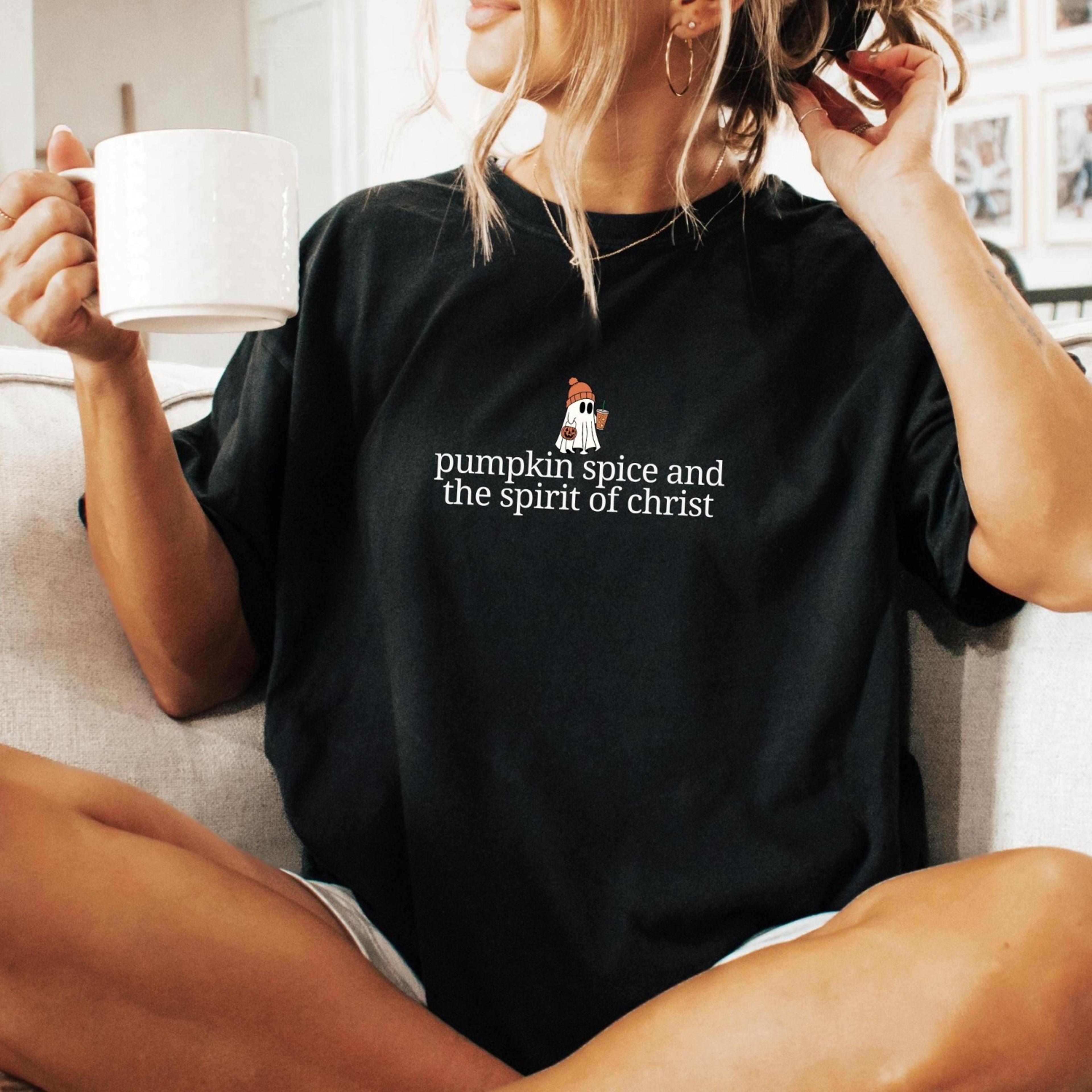 christian halloween shirt, cute ghost pumpkin spice coffee, fall jesus shirts, bible verse shirt, trick or treat womens