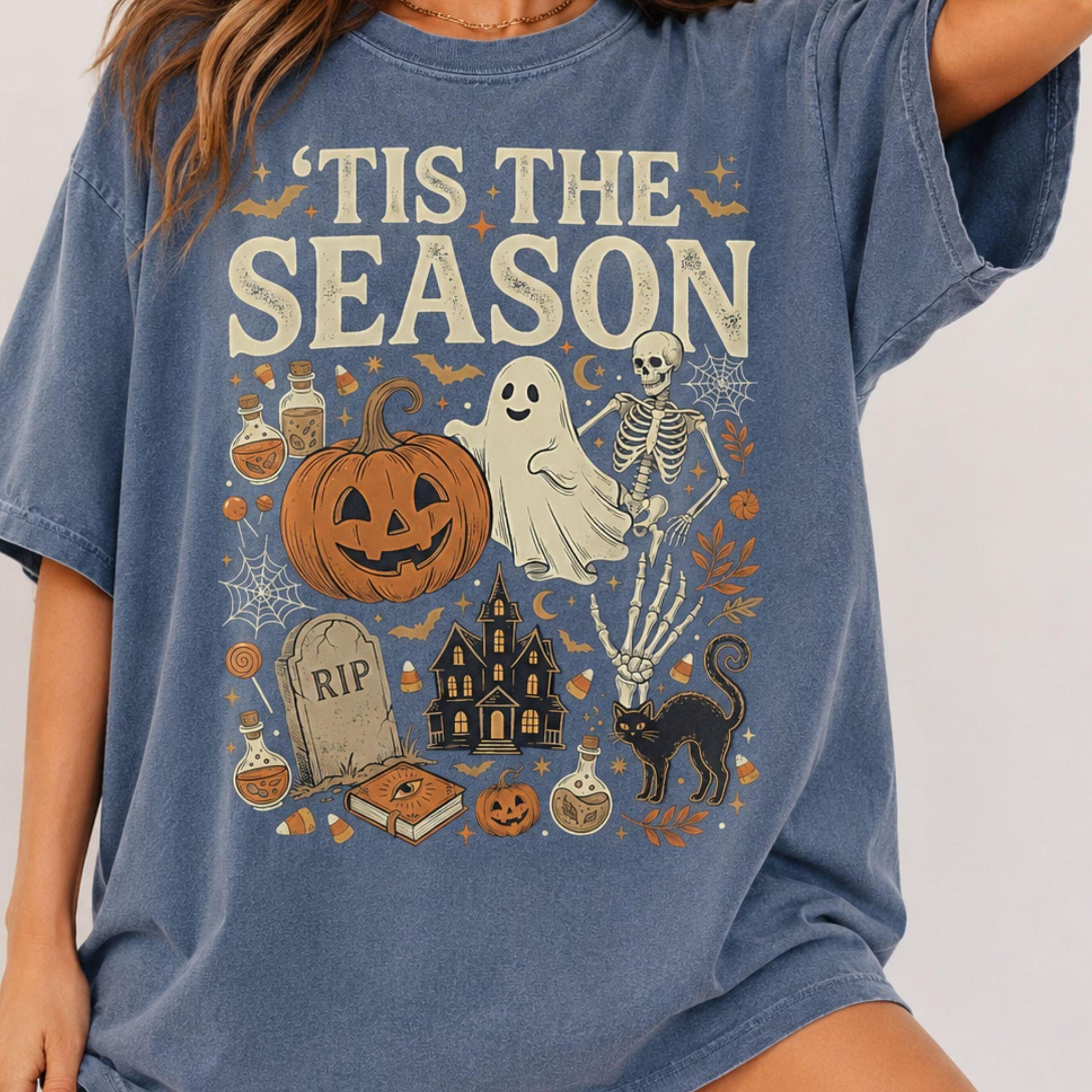 retro halloween shirt, tis the season skeleton ghost dtg print tee