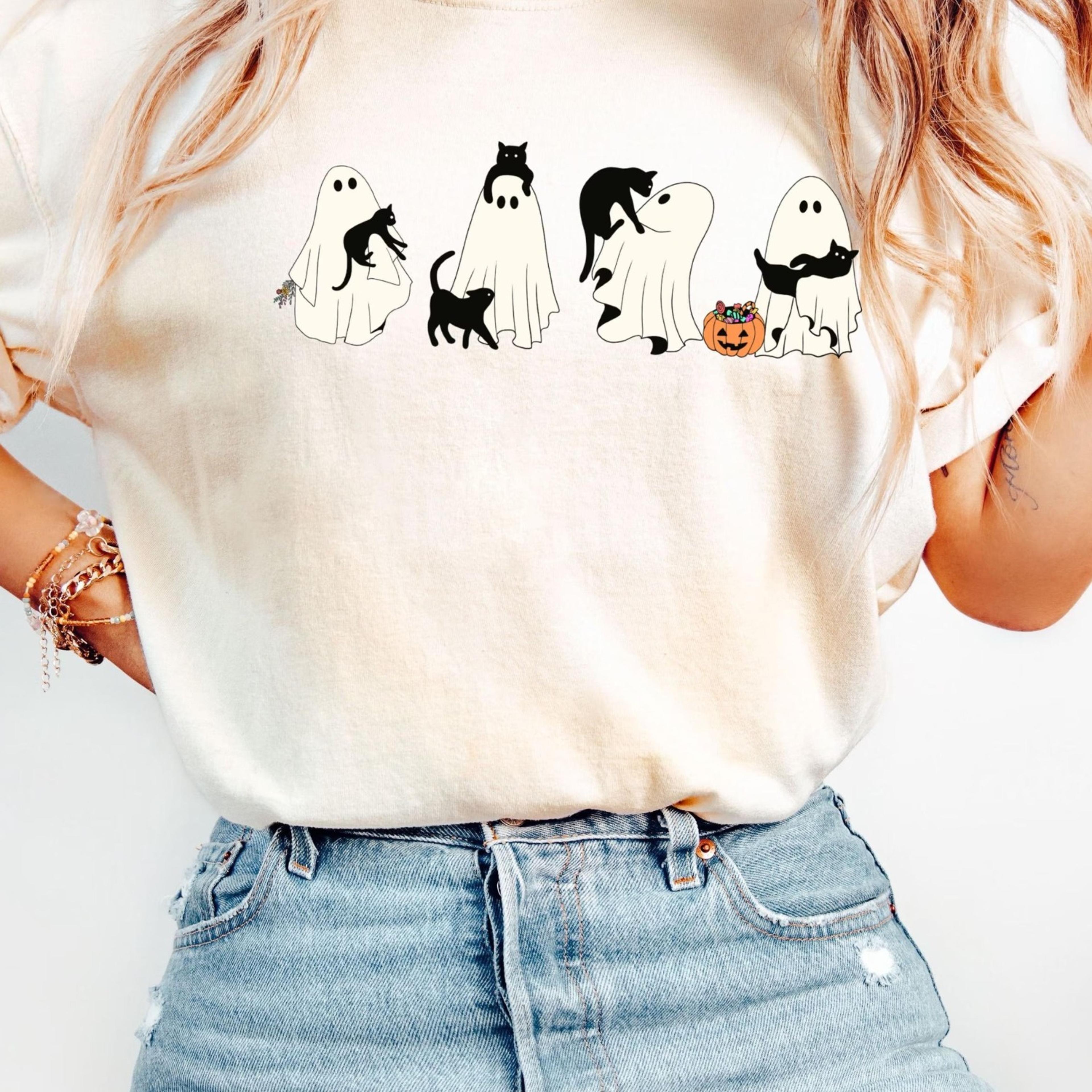 ghost and cat t-shirt, halloween ghost shirt, halloween cat shirt, cat lower halloween gift, spooky season cat shirt