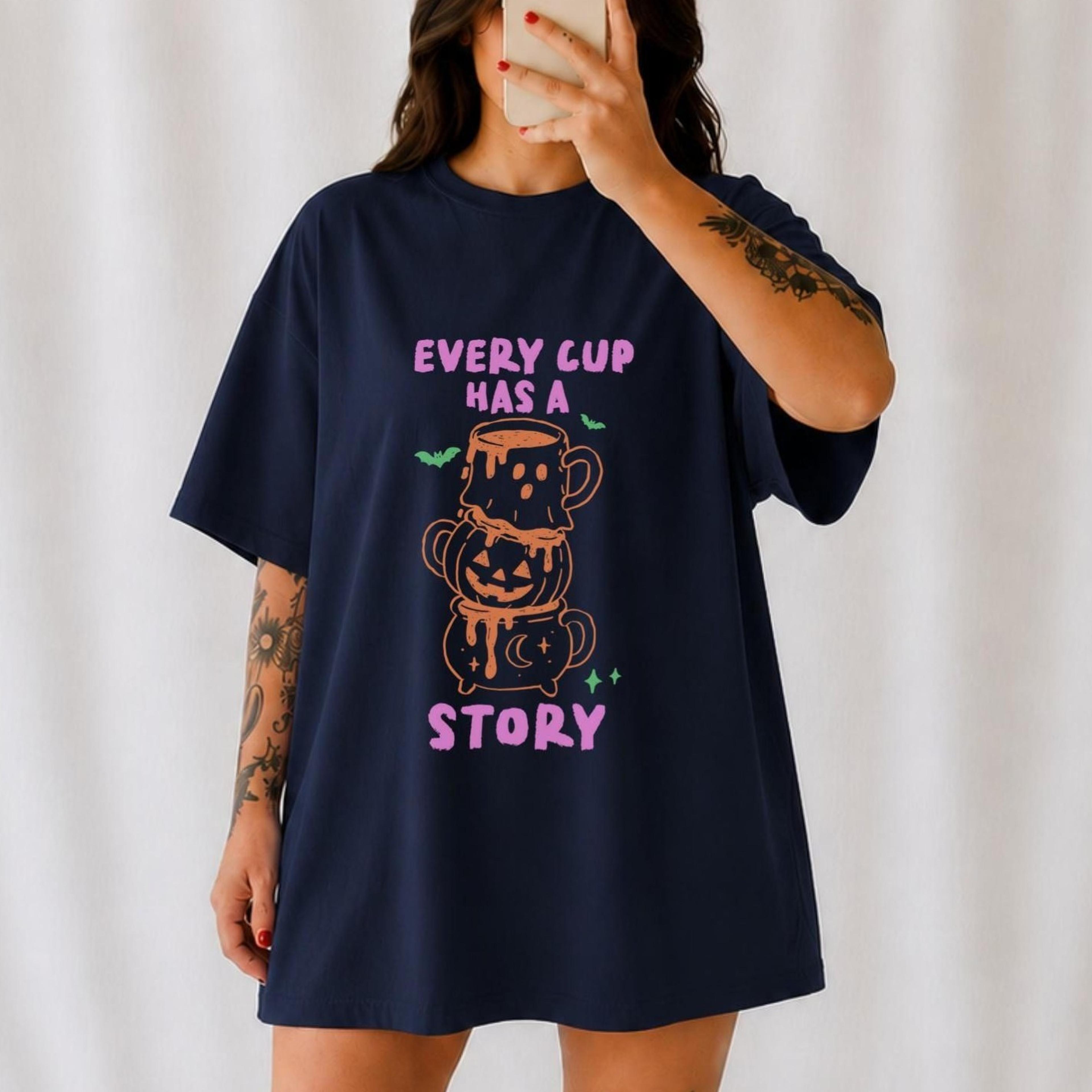 every cup has a story shirt, halloween coffee t-shirt, spooky coffee lover shirt, ghost mug tee, pumpkin spice season, f