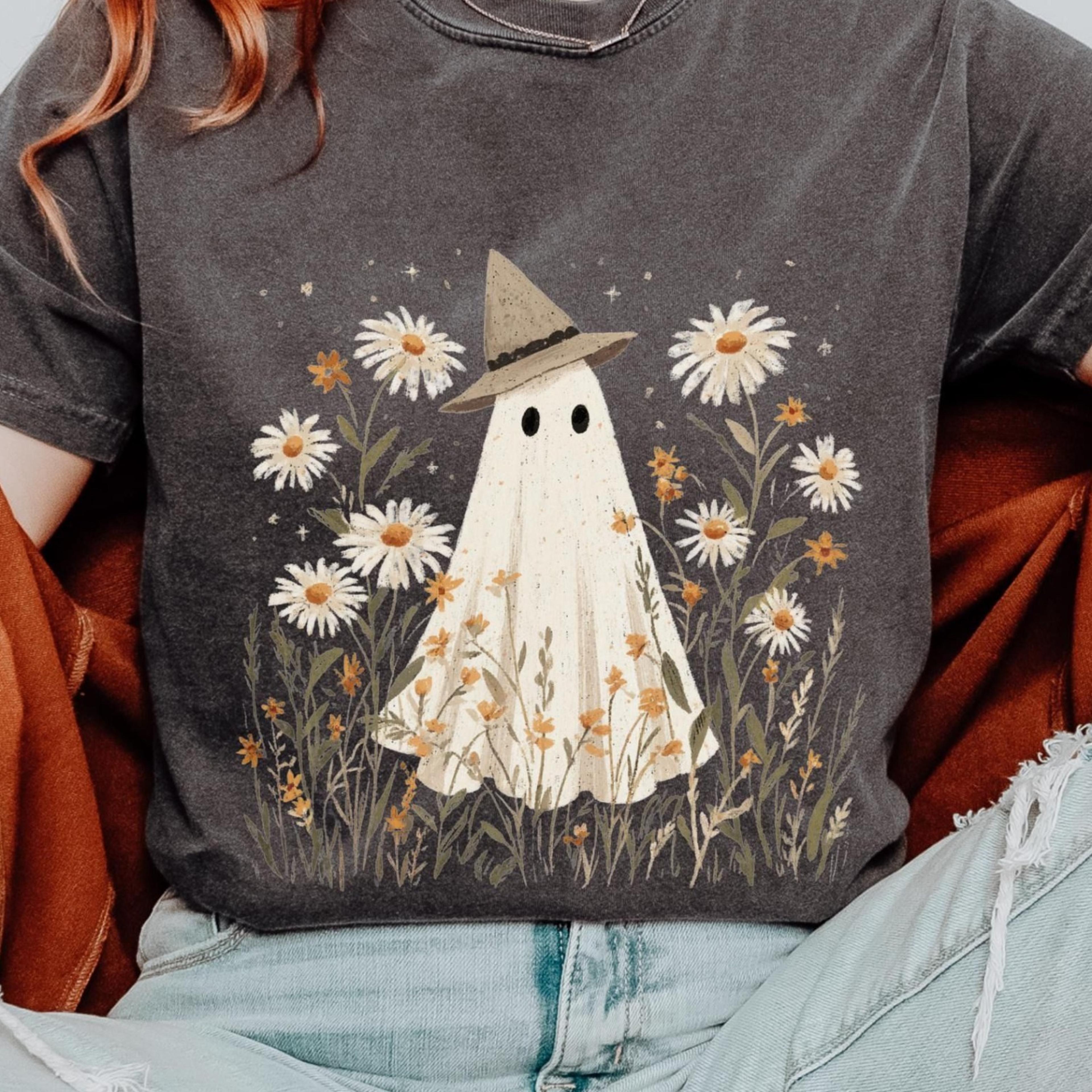 cute ghost shirt, cottagecore boho ghost comfort colors relaxed fit unisex tshirt, vintage witchy shirt, spooky apparel,