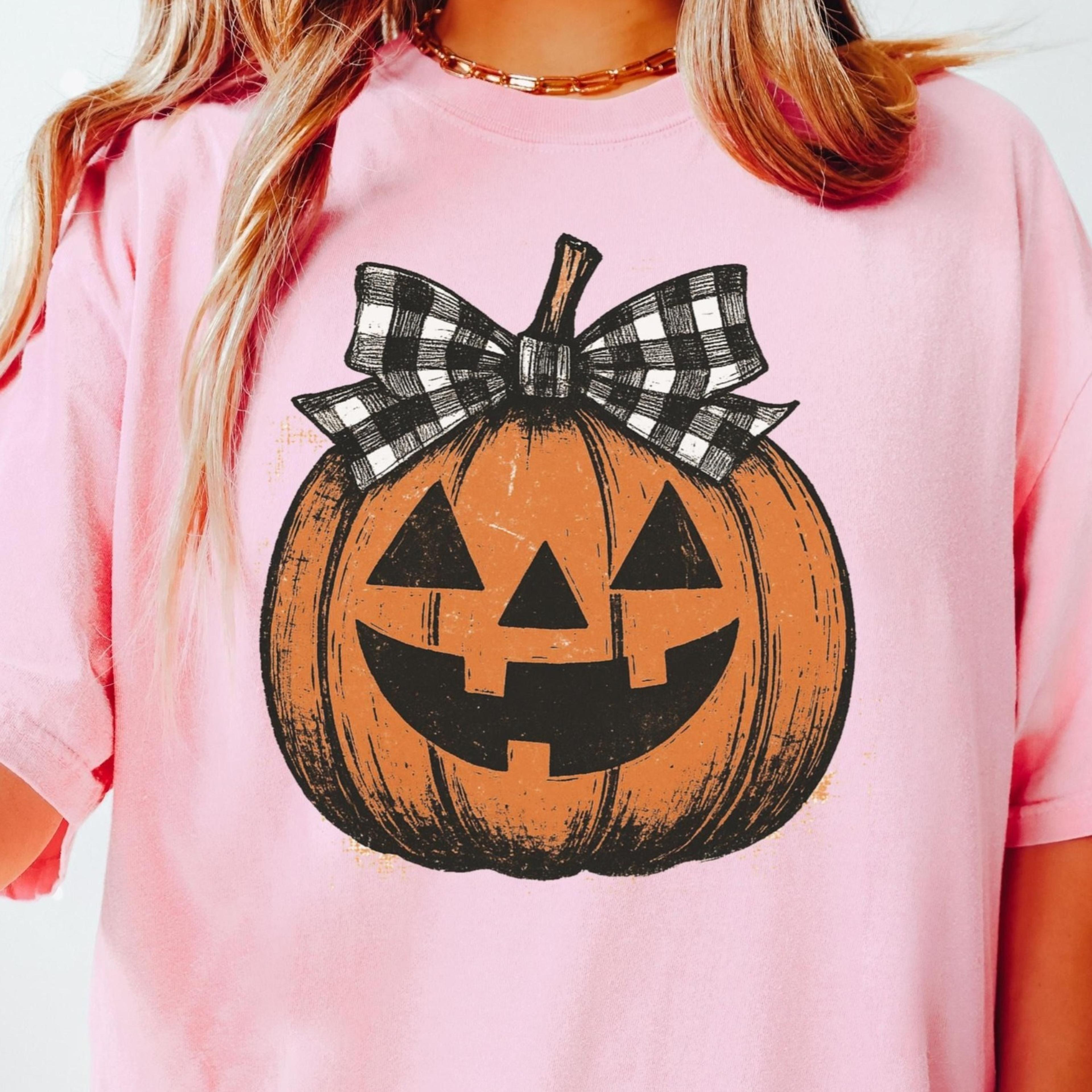 girly checkered halloween tshirt spooky season graphic tshirt cute trick or treat pumpkin spice tee