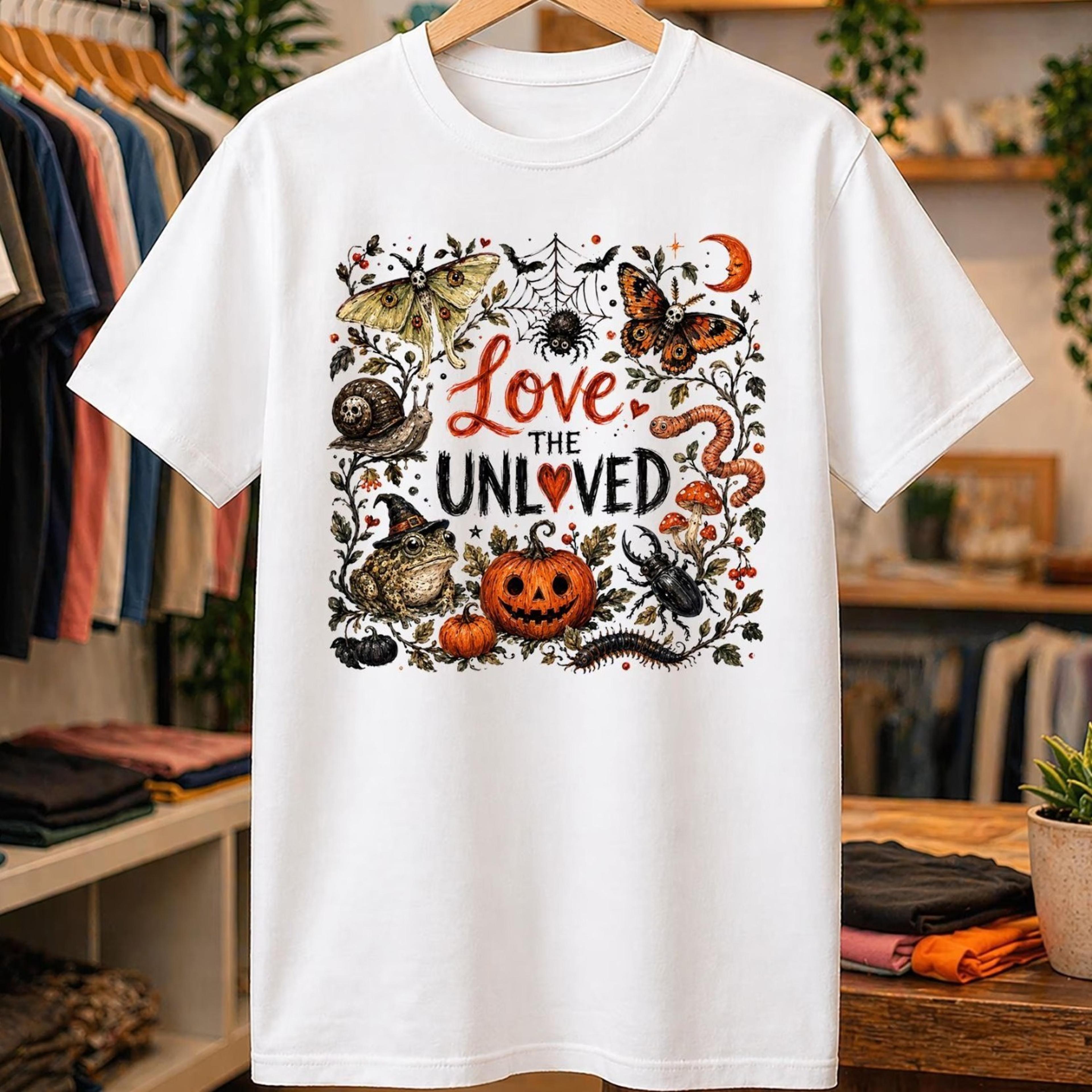 halloween love the unloved shirt, spooky frog and pumpkin tee, witchy bug apparel, goth nature shirt, creepy cute autumn
