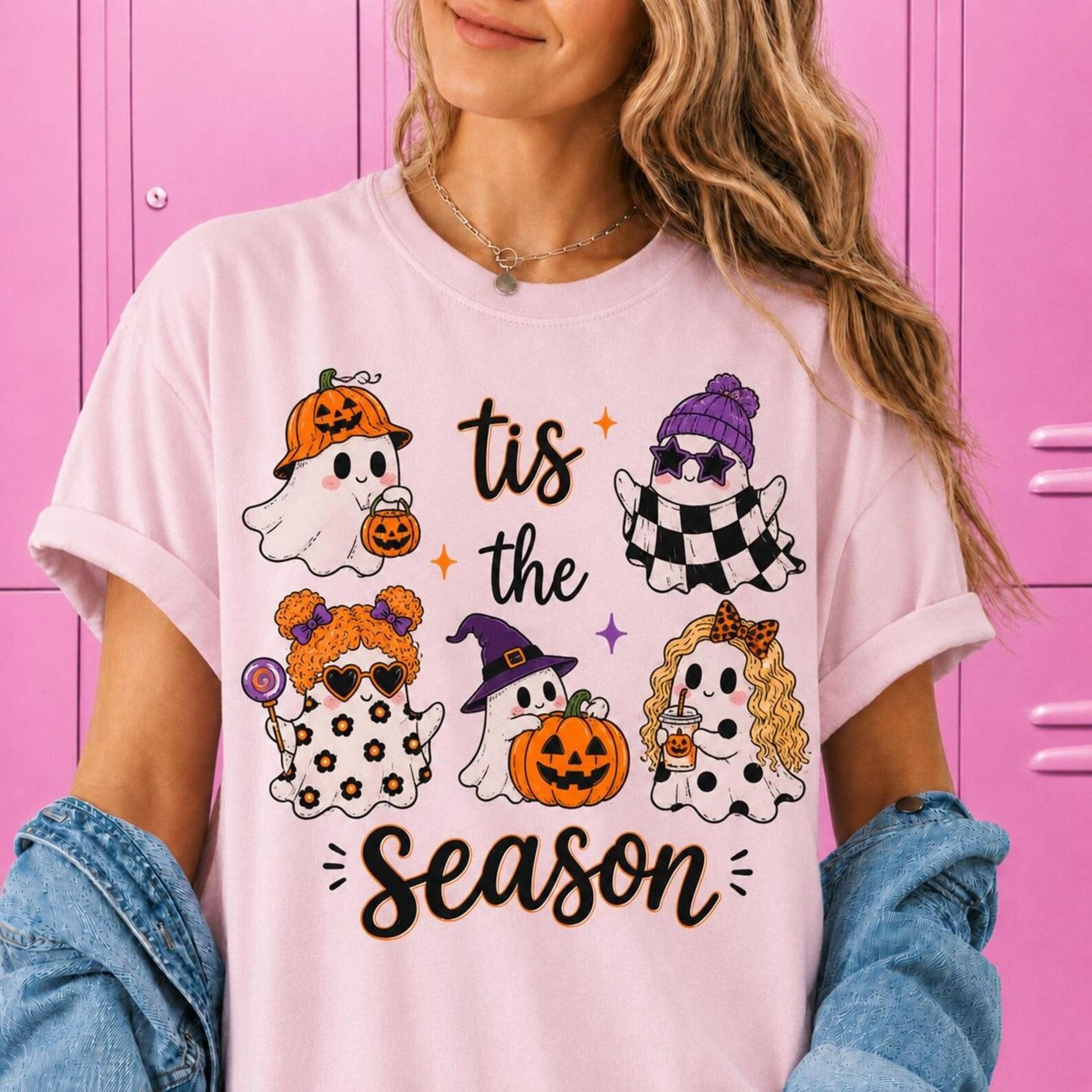 tis the season ghost shirt, checkered leopard polka dot ghost tee, cute halloween shirt, spooky season fall tee, pumpkin