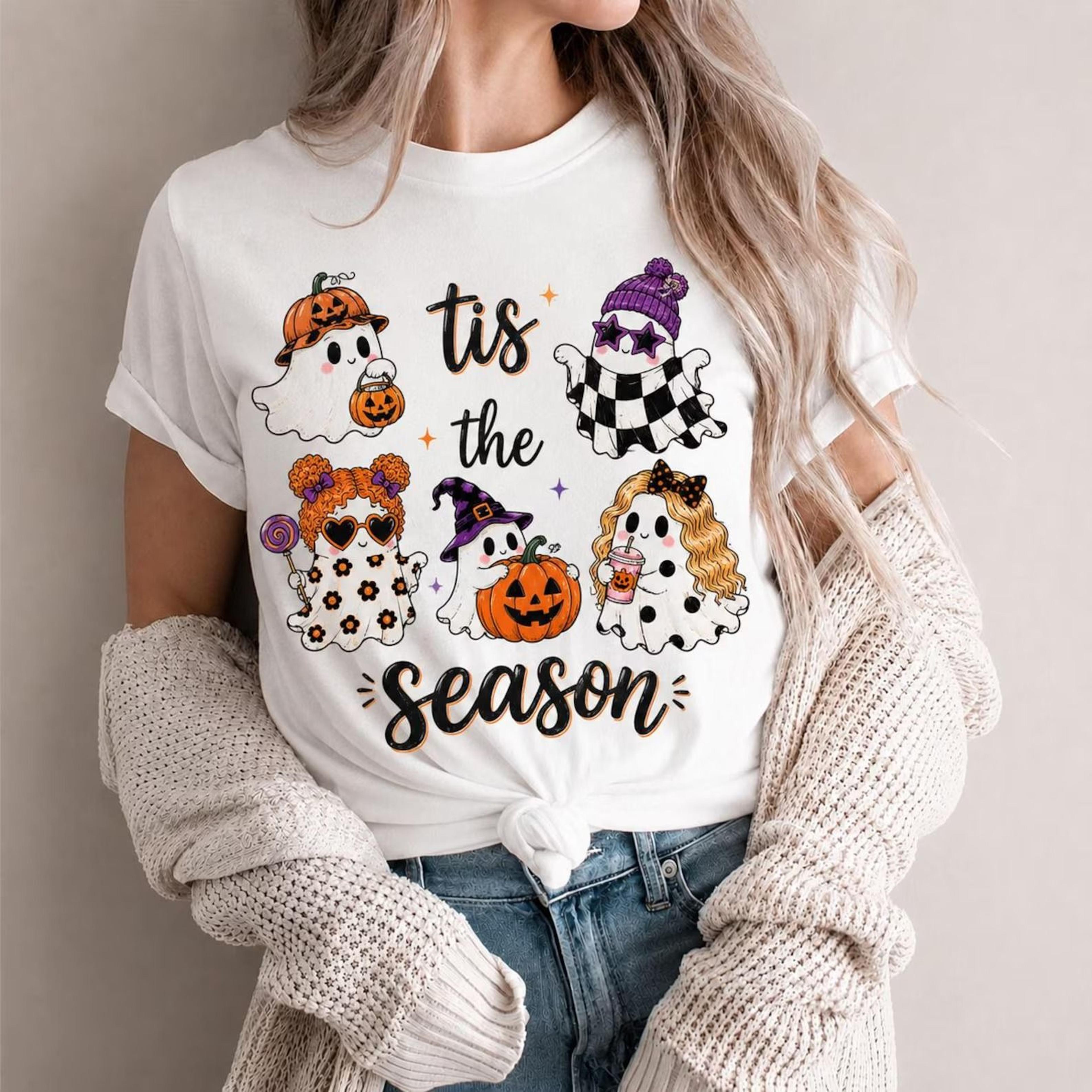 tis the season ghost shirt, checkered leopard polka dot ghost tee, cute halloween shirt, spooky season fall tee, pumpkin
