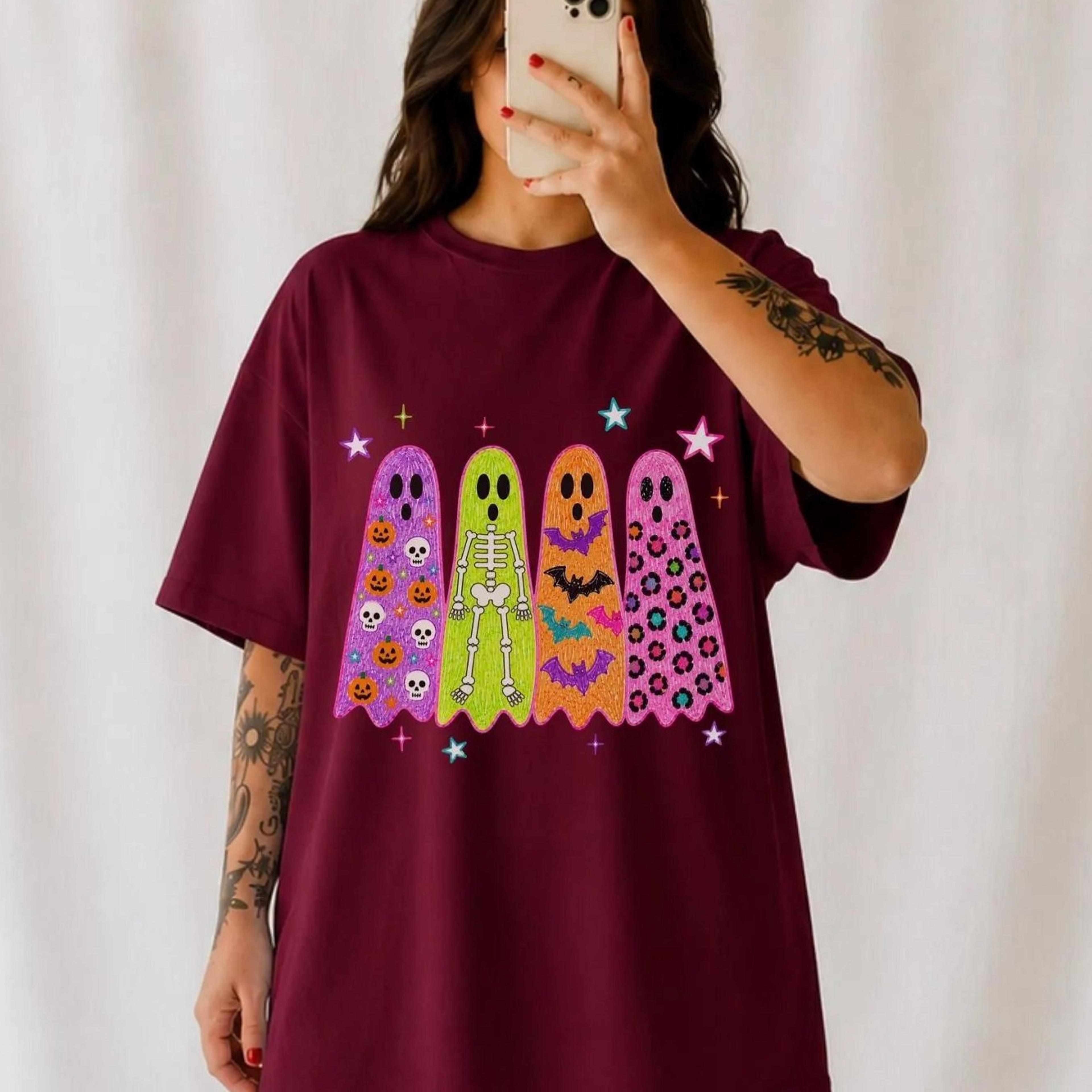 colorful ghosts halloween shirt, cute ghost t-shirt, spooky season tee, retro halloween shirt, skeleton ghost graphic, f