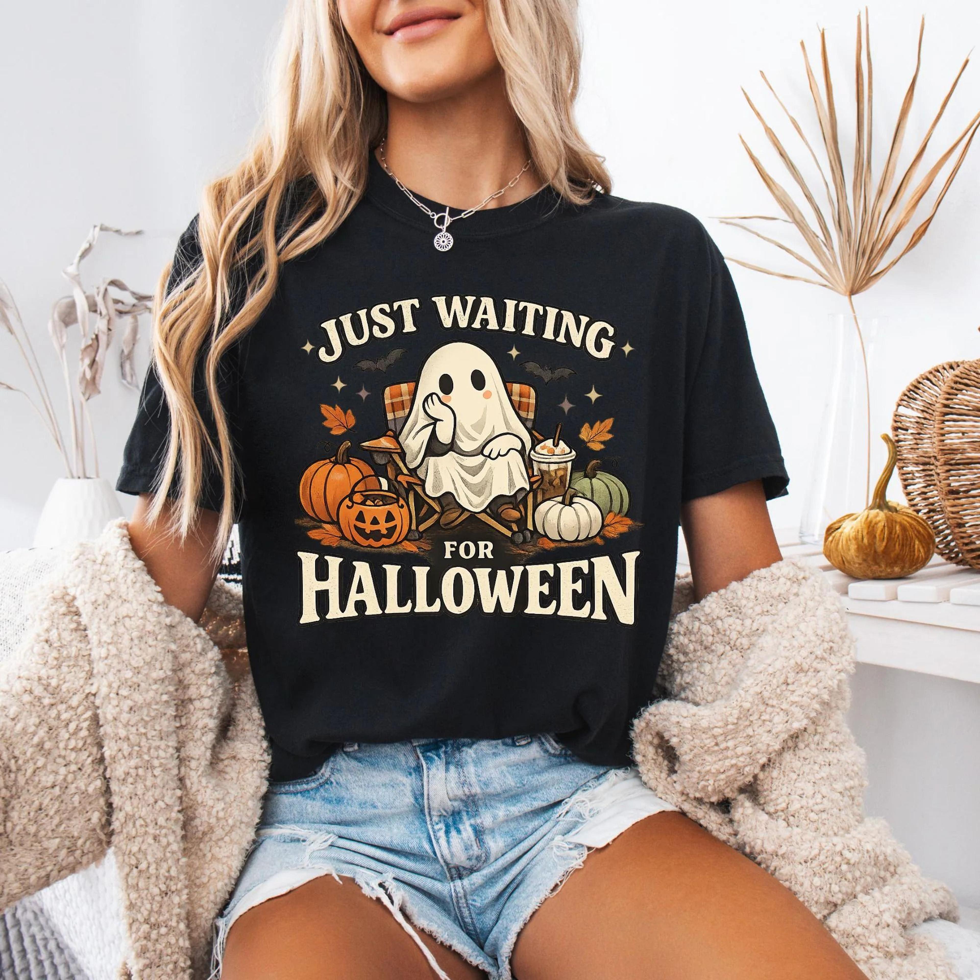 just waiting for halloween shirt, cute ghost tee, vintage pumpkin fall spooky season graphic t-shirt
