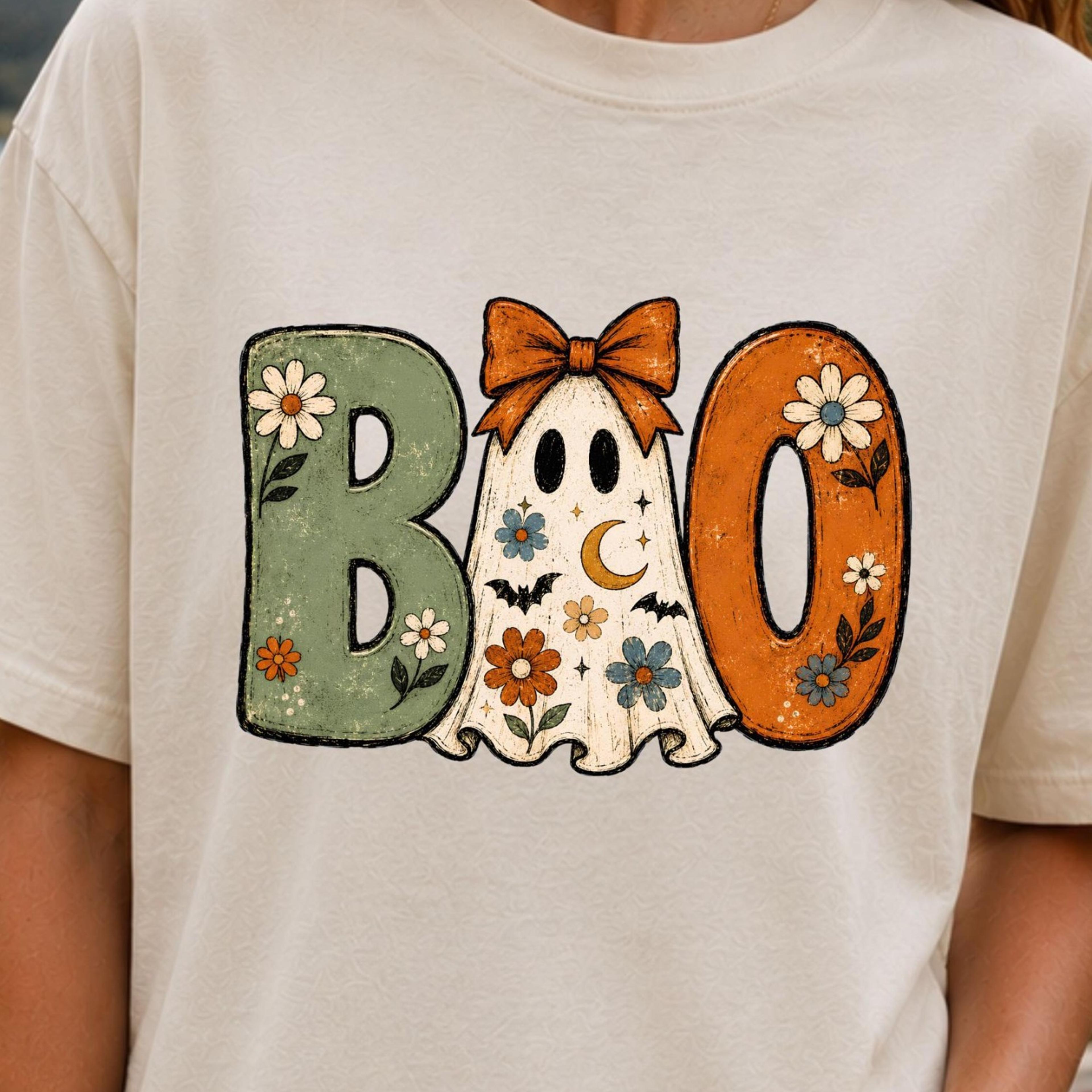 boo ghost t shirt girly halloween shirt boho floral spooky season tee