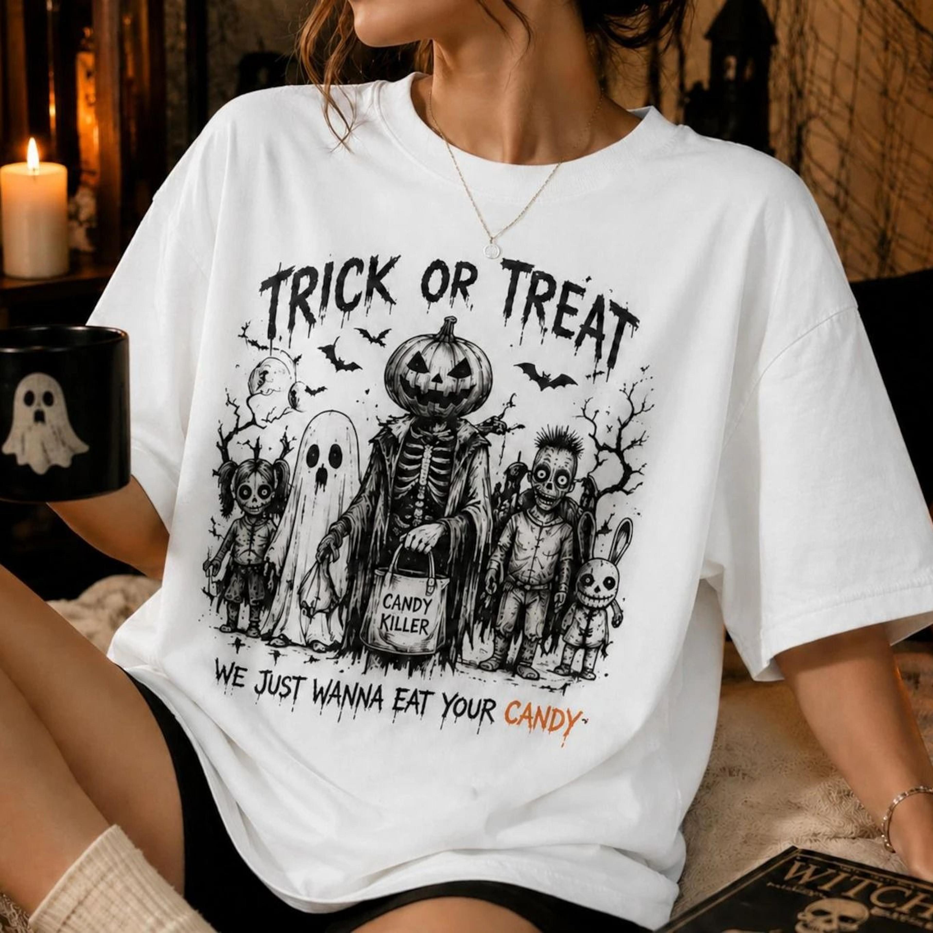 funny trick or treat halloween shirt, vintage horror pumpkin skeleton ghost tee, spooky season graphic t-shirt, hallowee