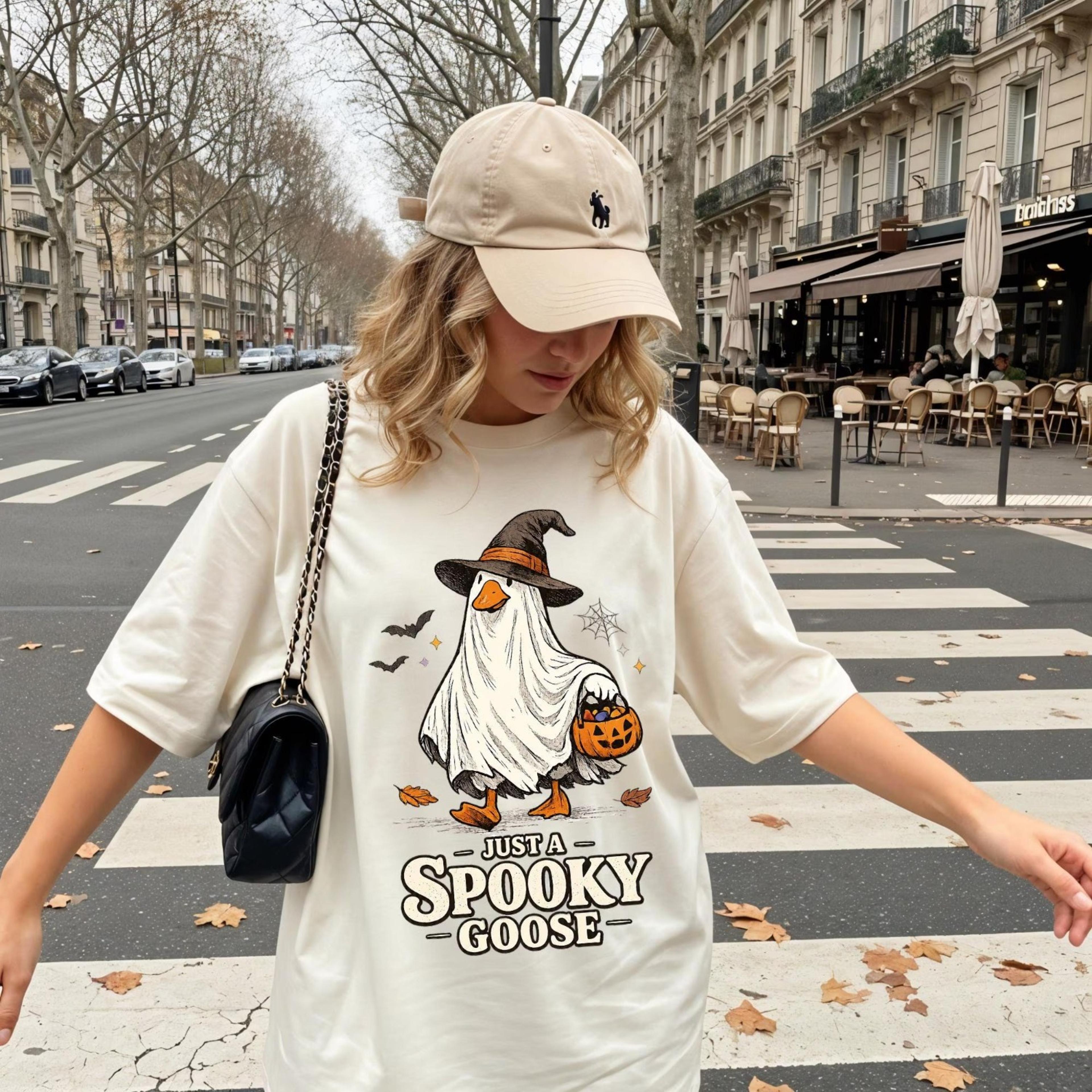 just a spooky goose shirt, funny halloween goose tee, cute ghost goose fall shirt, spooky season gift