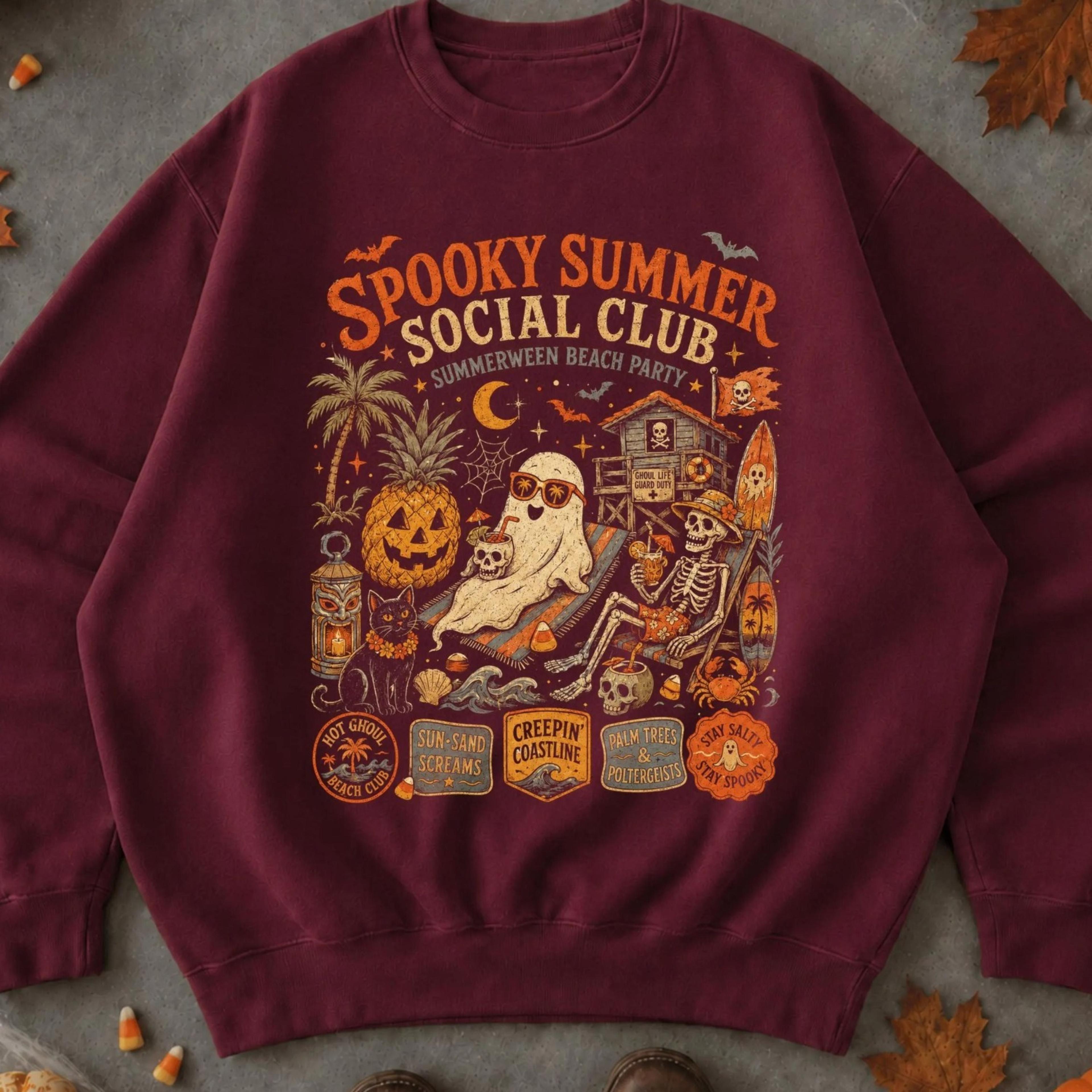 spooky summer social club shirt, summerween halloween tshirt, ghost skeleton pumpkin beach tee retro spooky surf graphi