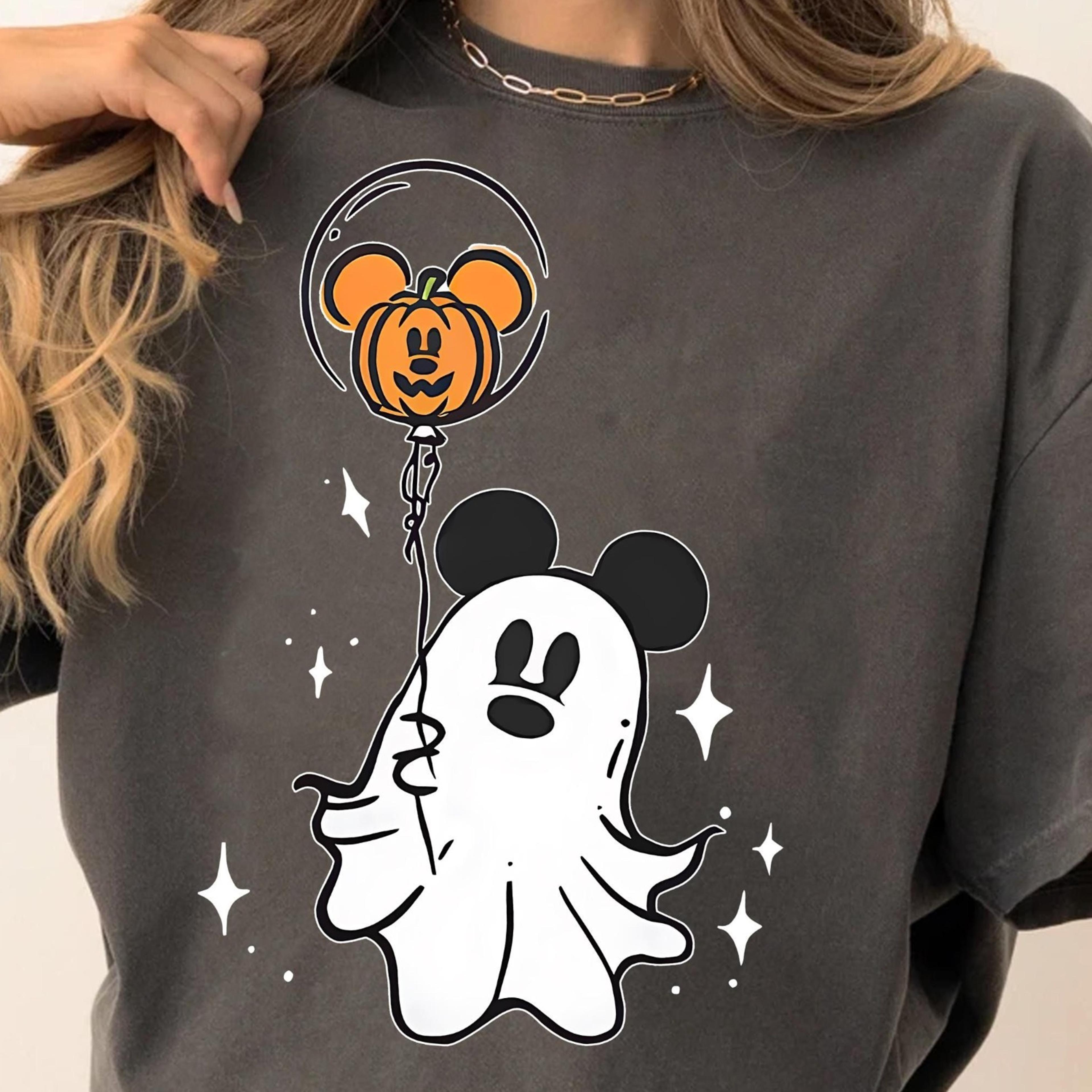 cute mickey mouse ghost with pumpkin balloon halloween t-shirt halloween boo to you tee, disneyland family matching par