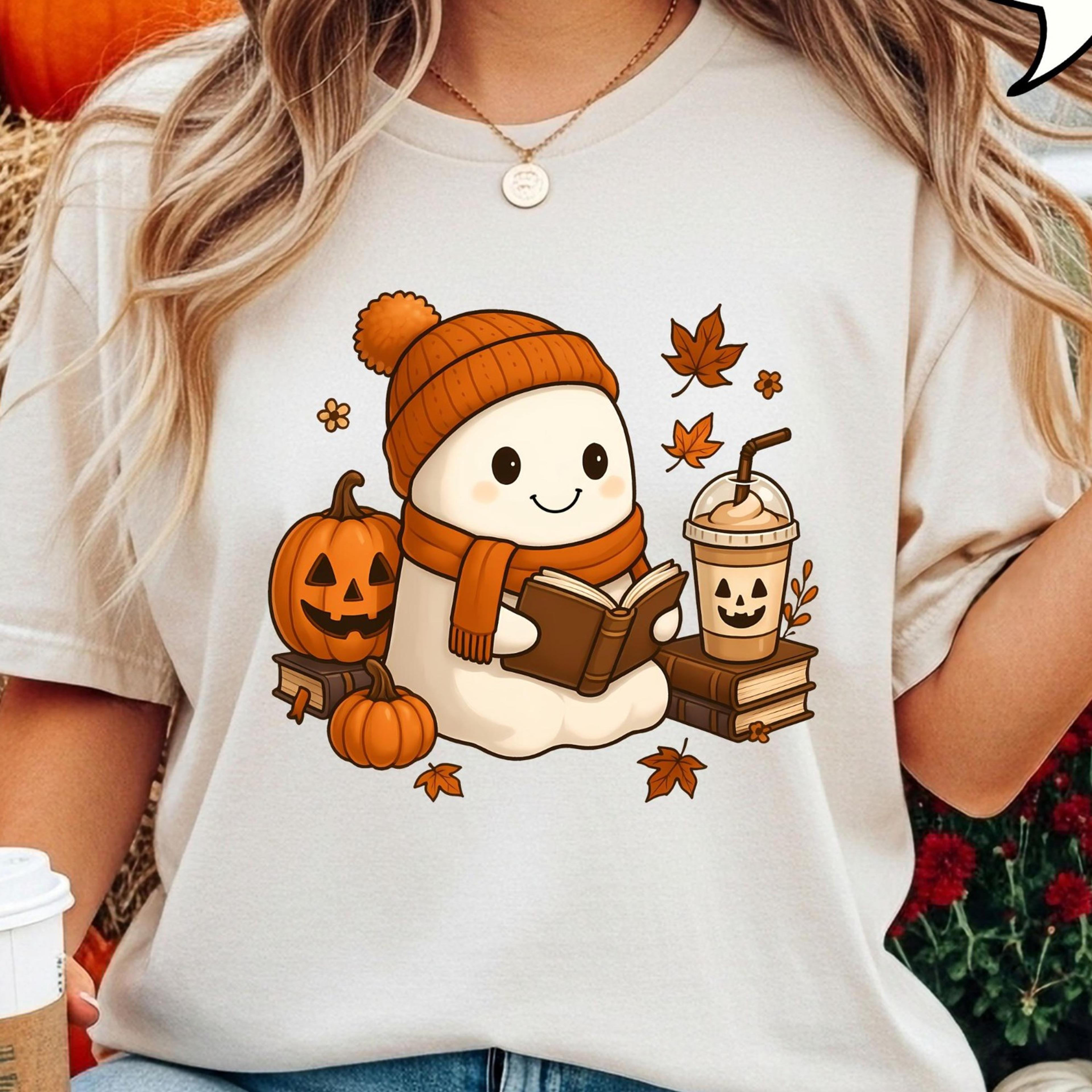 reading ghost t shirt fall coffee shirt autumn teacher graphic tee book lover gift