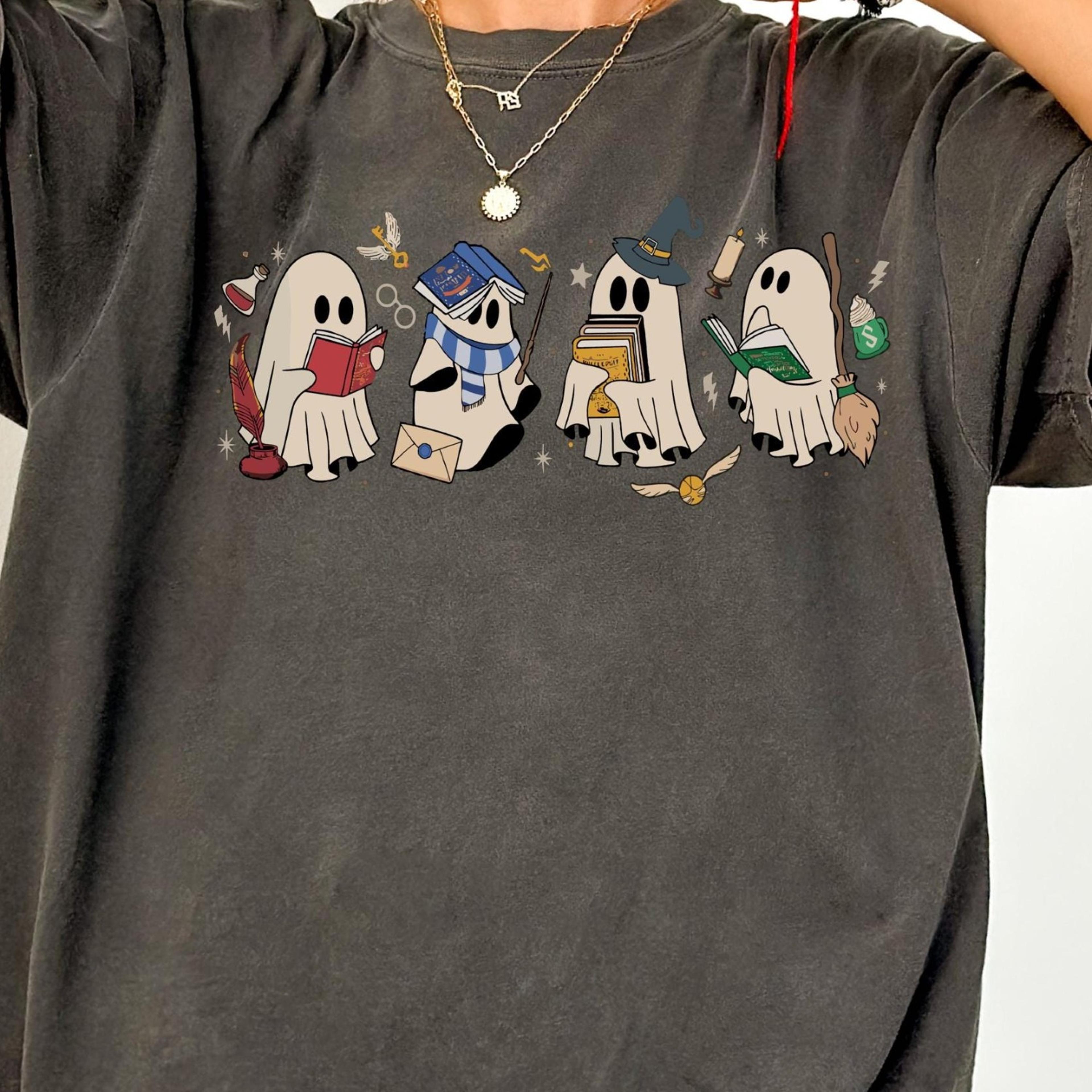 funny book lover ghost t shirt teacher halloween shirt cute reading ghost graphic tee