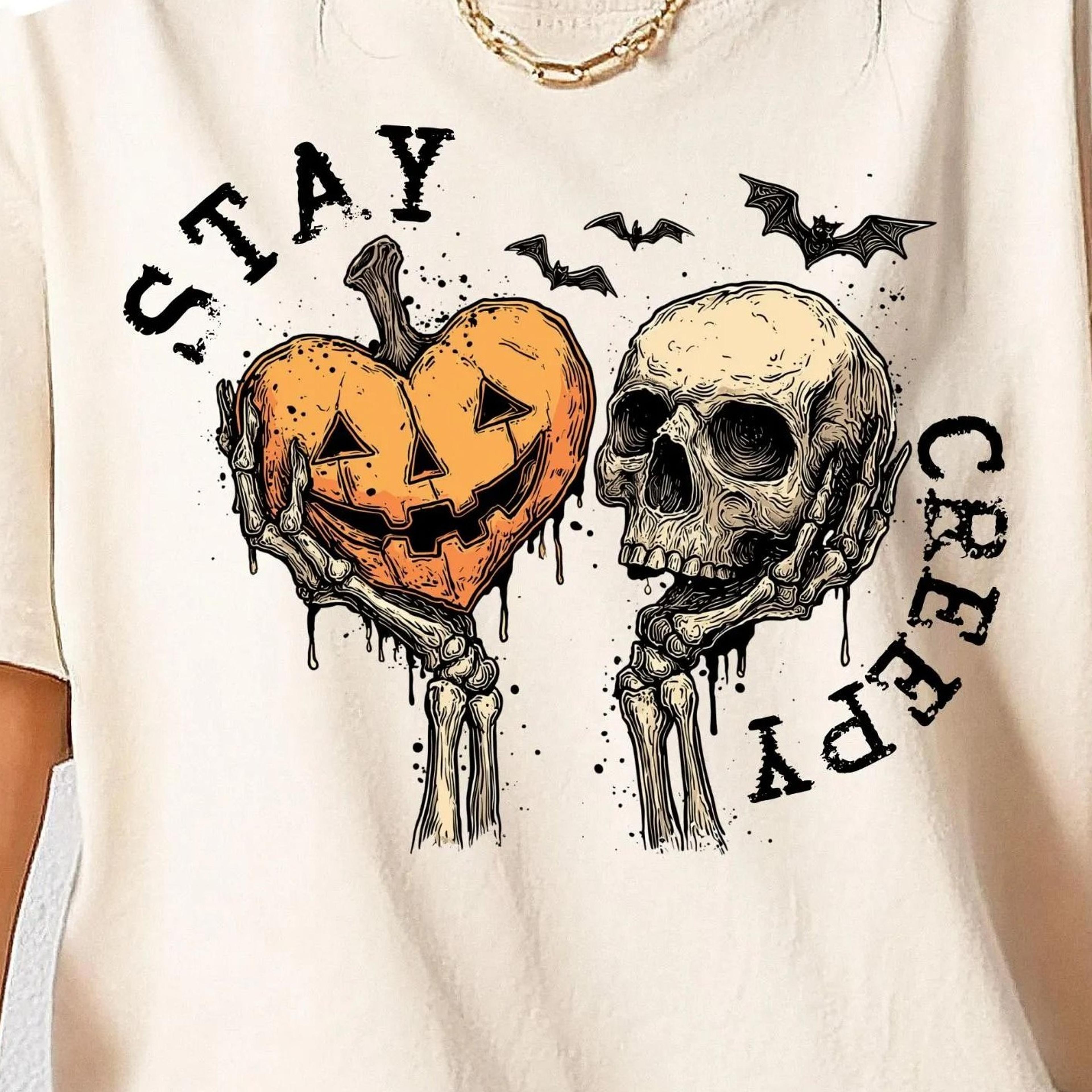 stay creepy halloween shirt skull & pumpkin heart