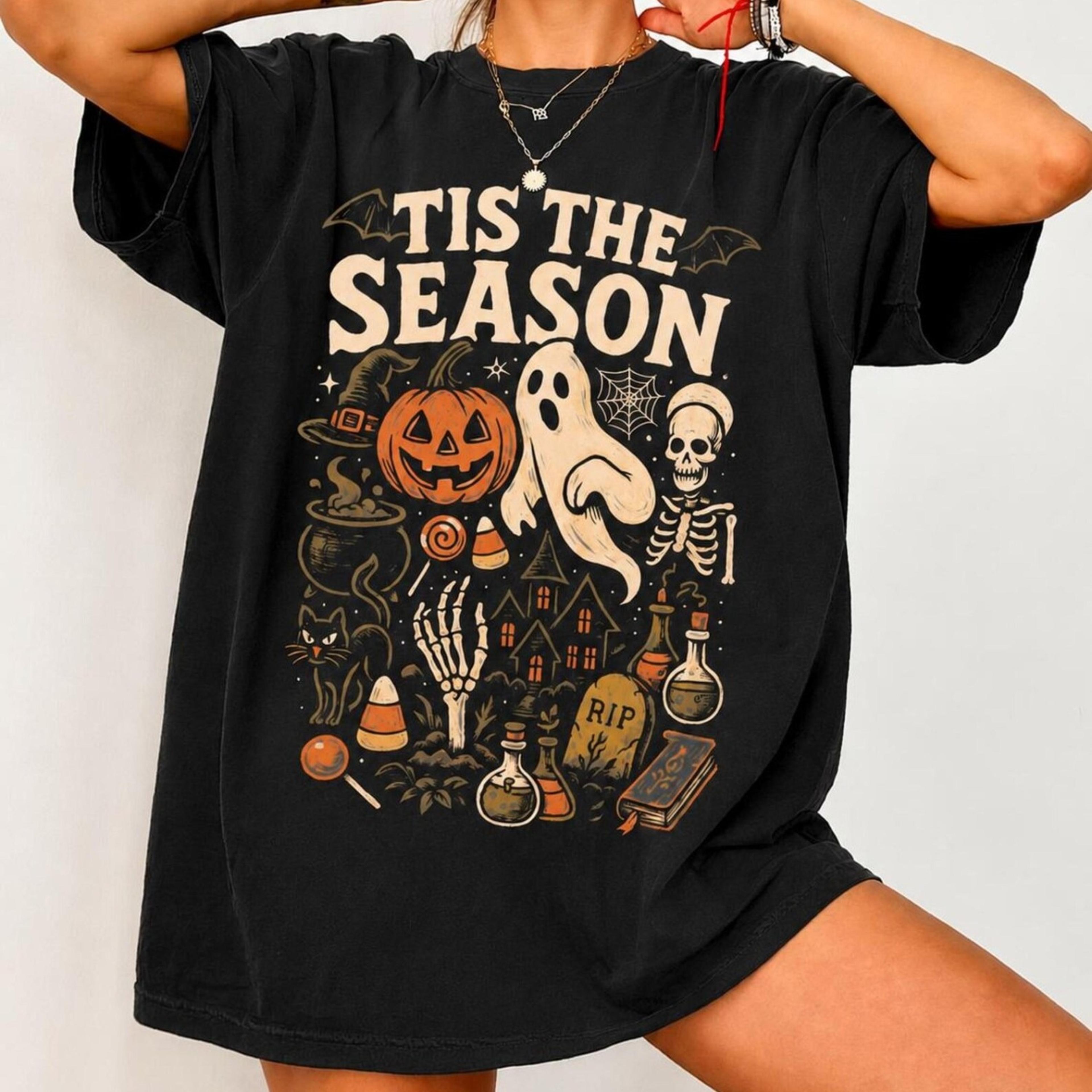 t-shirt, retro 'tis the season ghost shirt, skeleton pumpkin tee, spooky season shirt, cute halloween gift