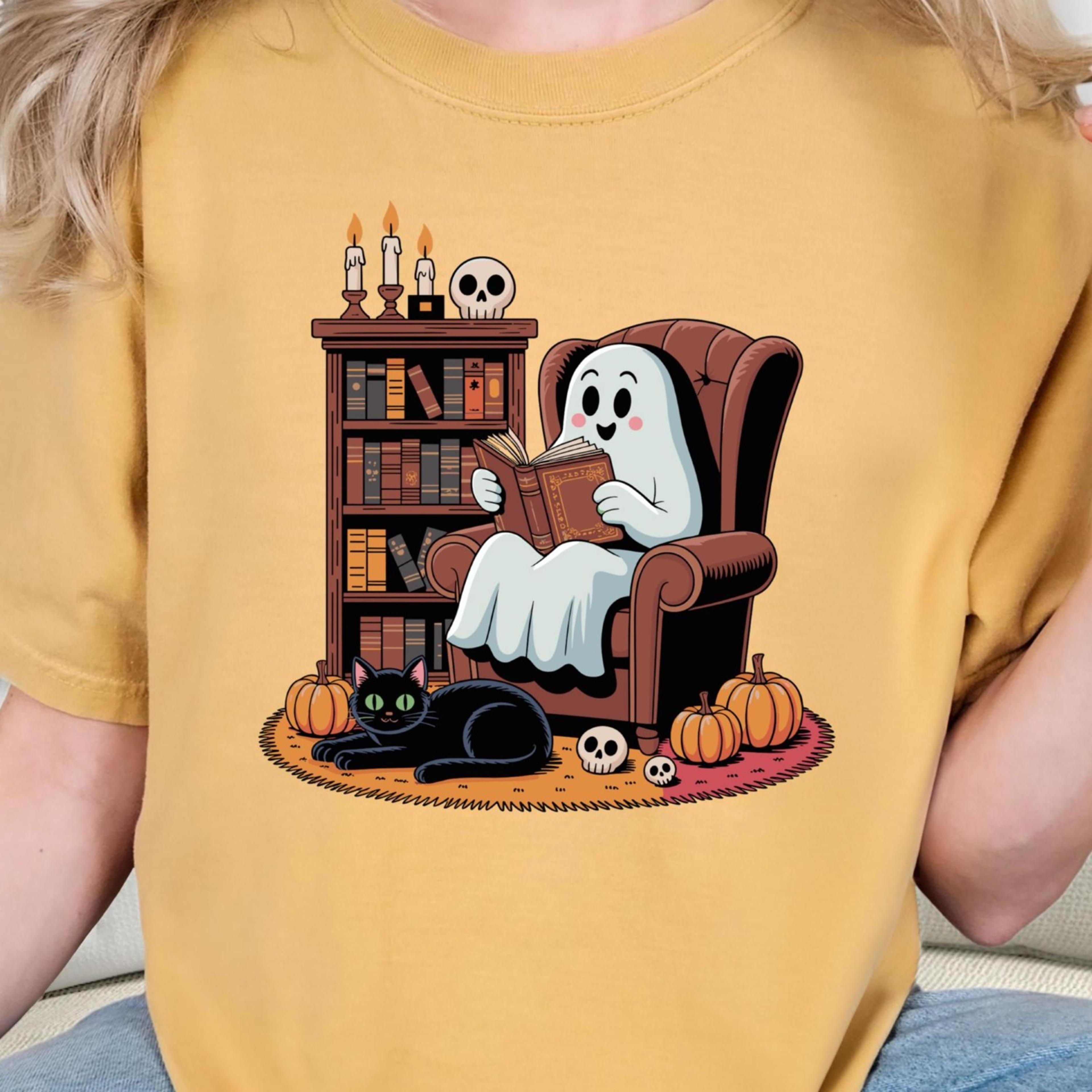 ghost reading books t shirt halloween teacher shirt retro cat book lover graphic tee