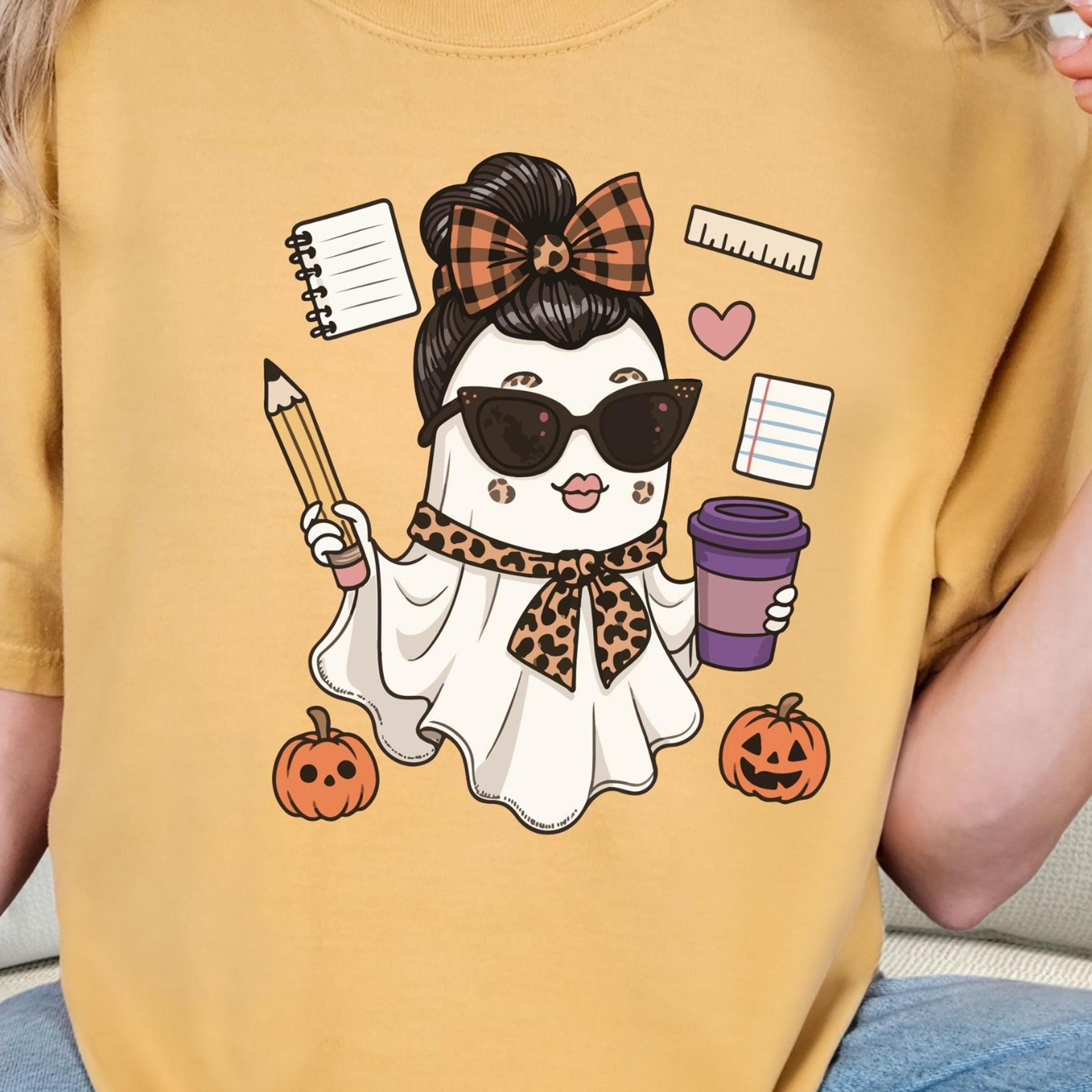 teacher ghost t shirt spooky teacher shirt ghost drinking coffee halloween graphic tee