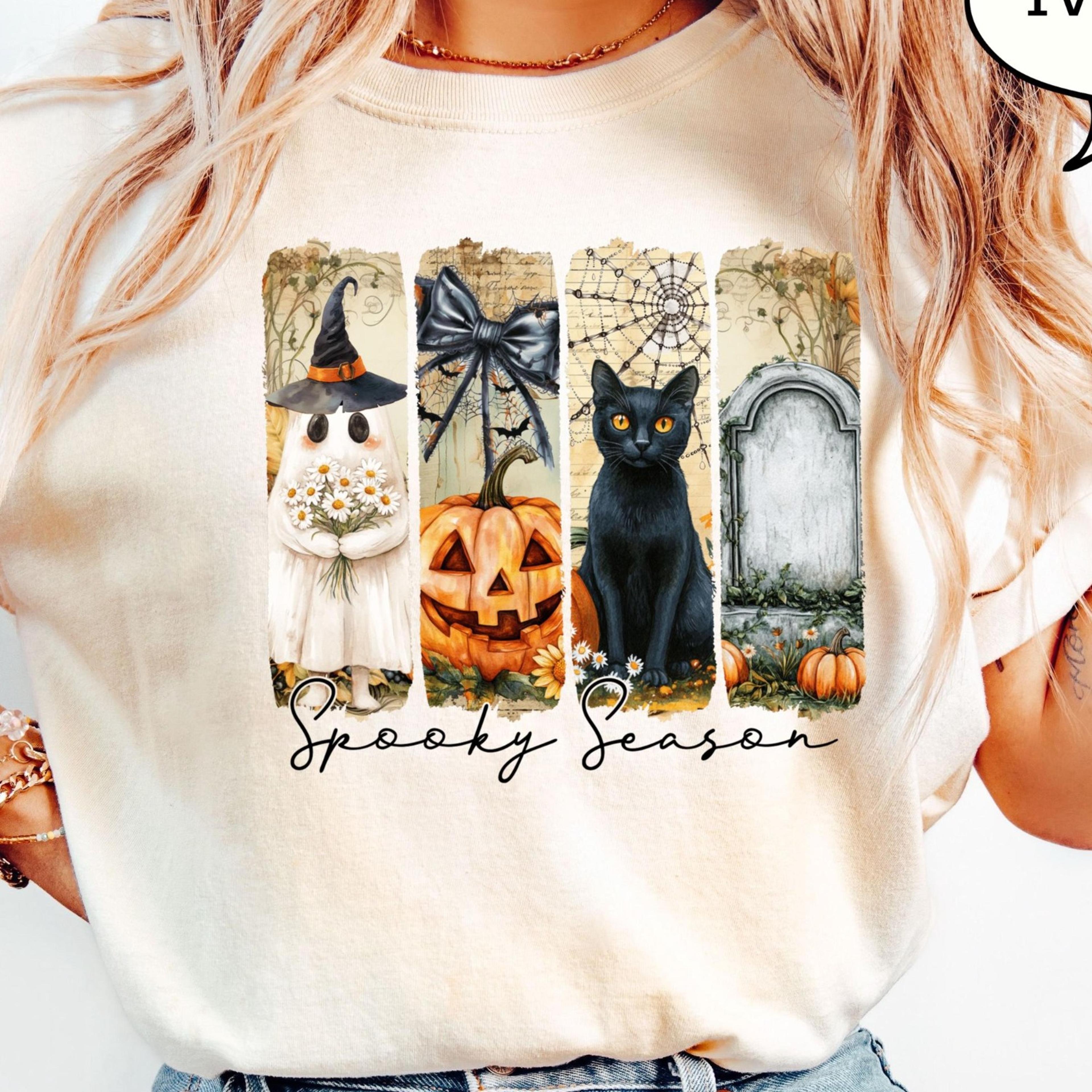 vintage halloween shirt spooky season t shirt ghost pumpkin cat graphic tee