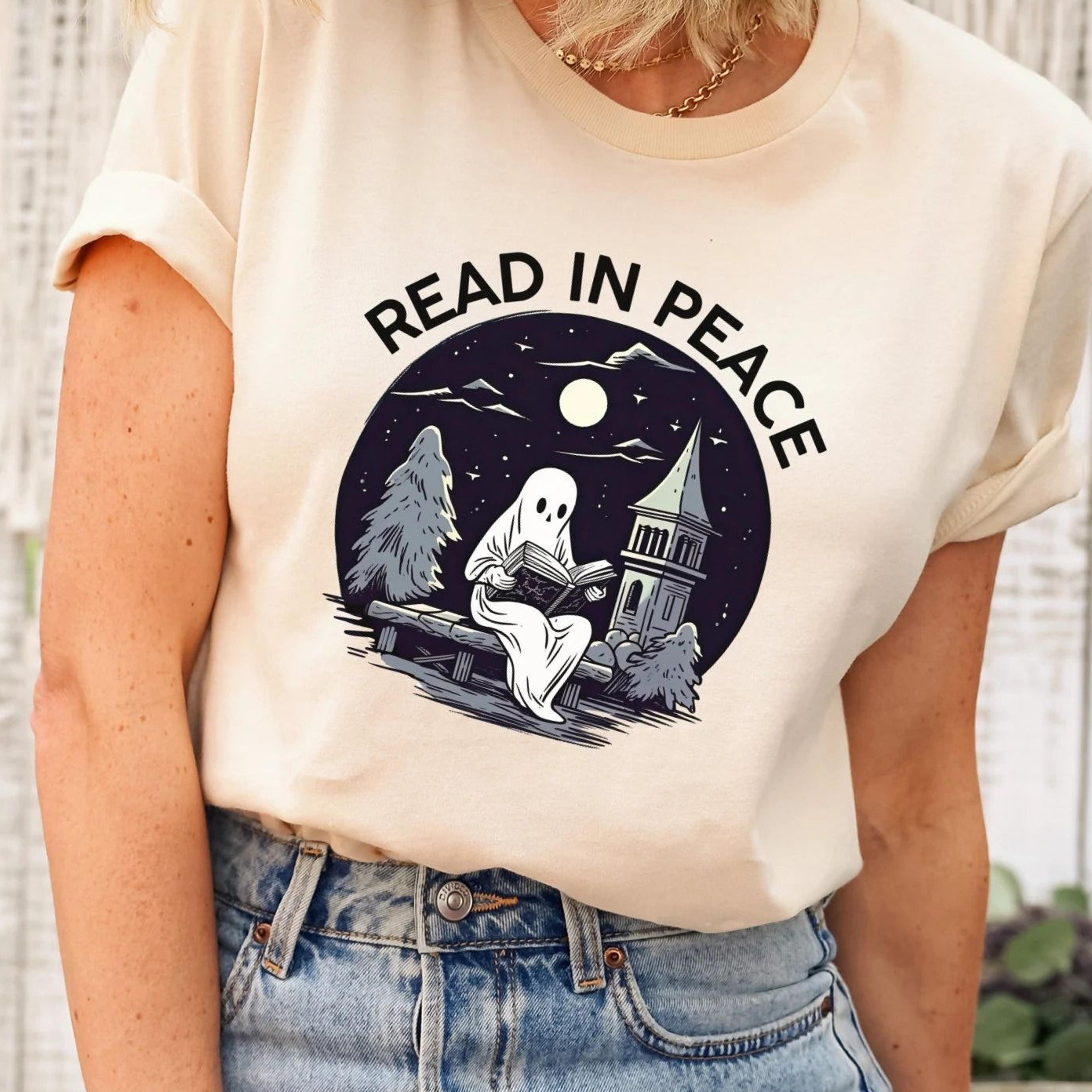 read in peace shirt book lover halloween shirt cute ghost reading book graphic tee