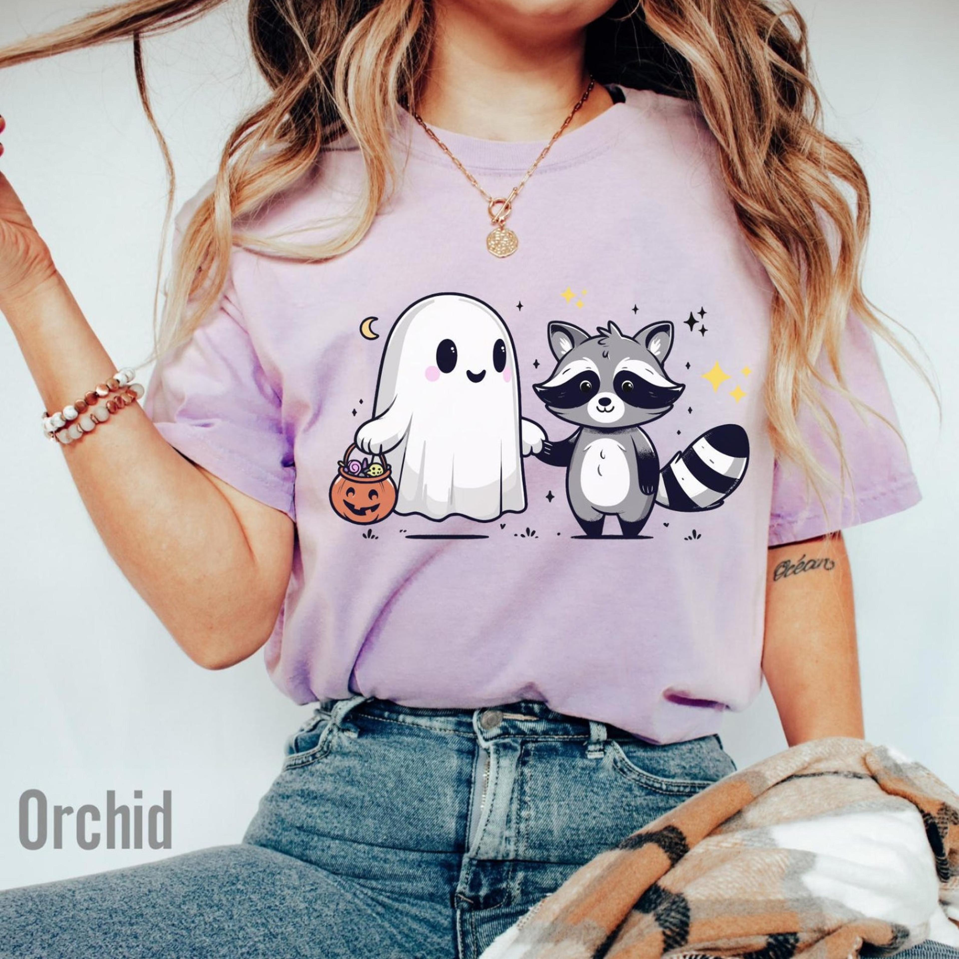 halloween shirt cute ghost & raccoon womens spooky season graphic tee