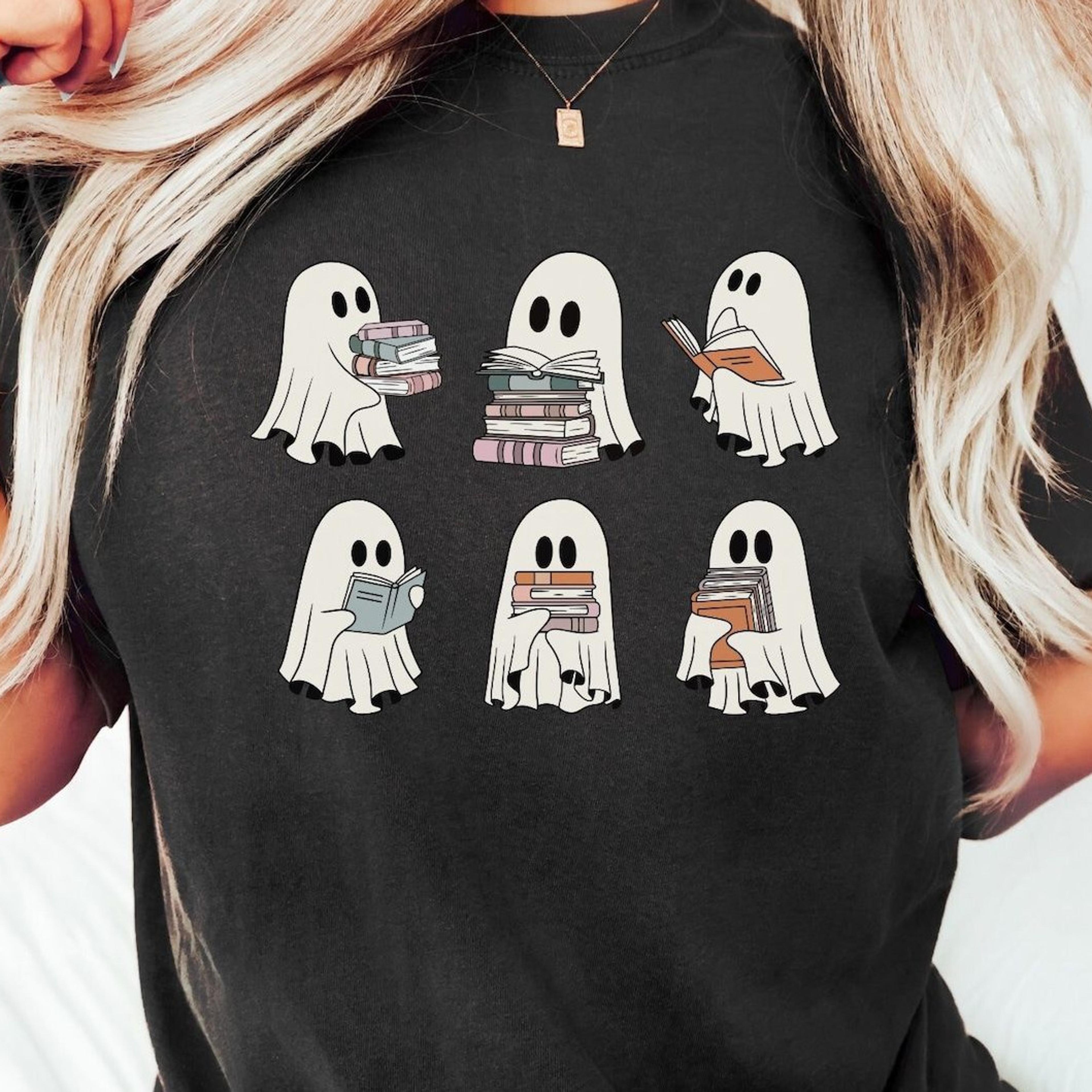 ghost reading shirt teacher halloween book lover librarian graphic tshirt