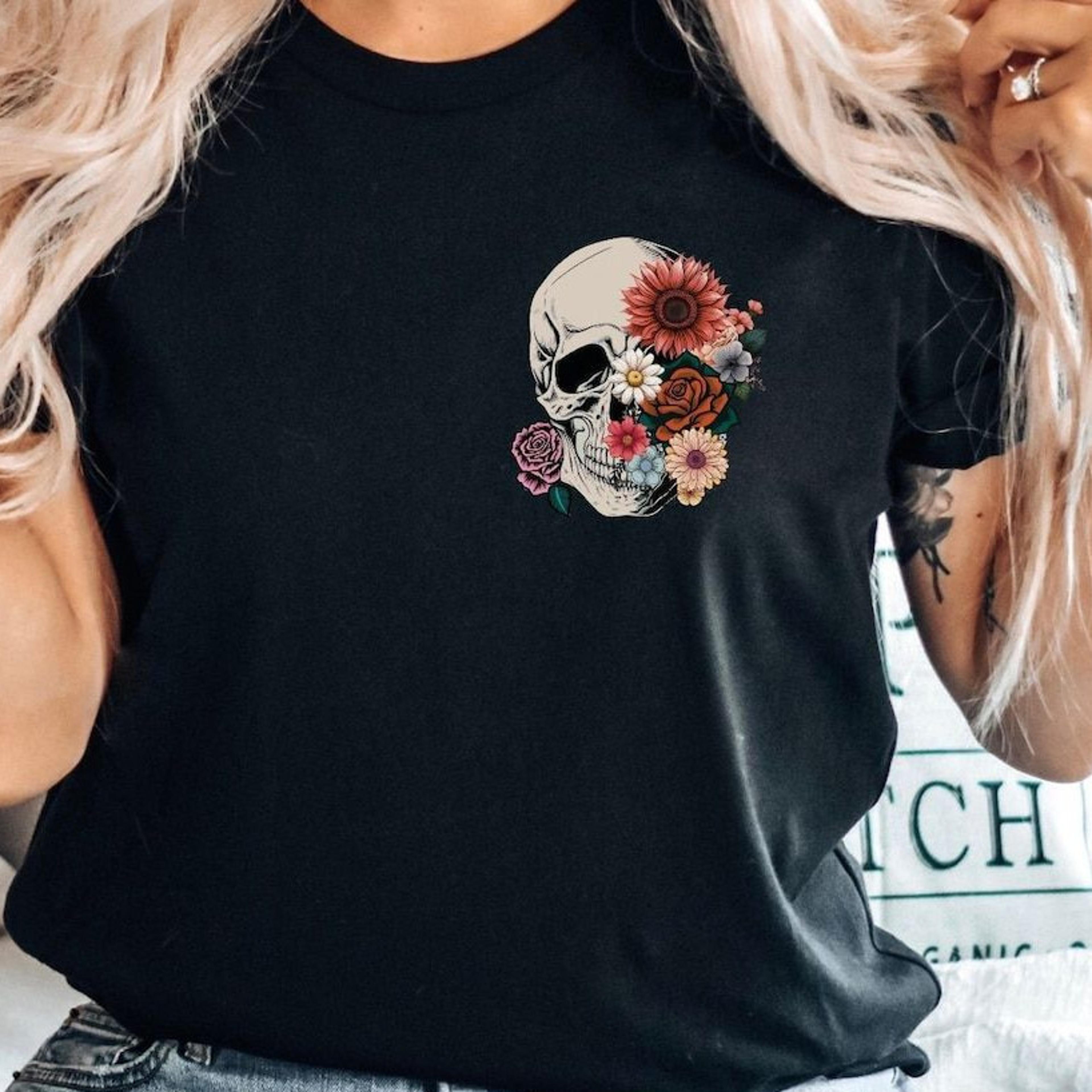 floral skull shirt witchy botanical skeleton goblincore boho graphic tee