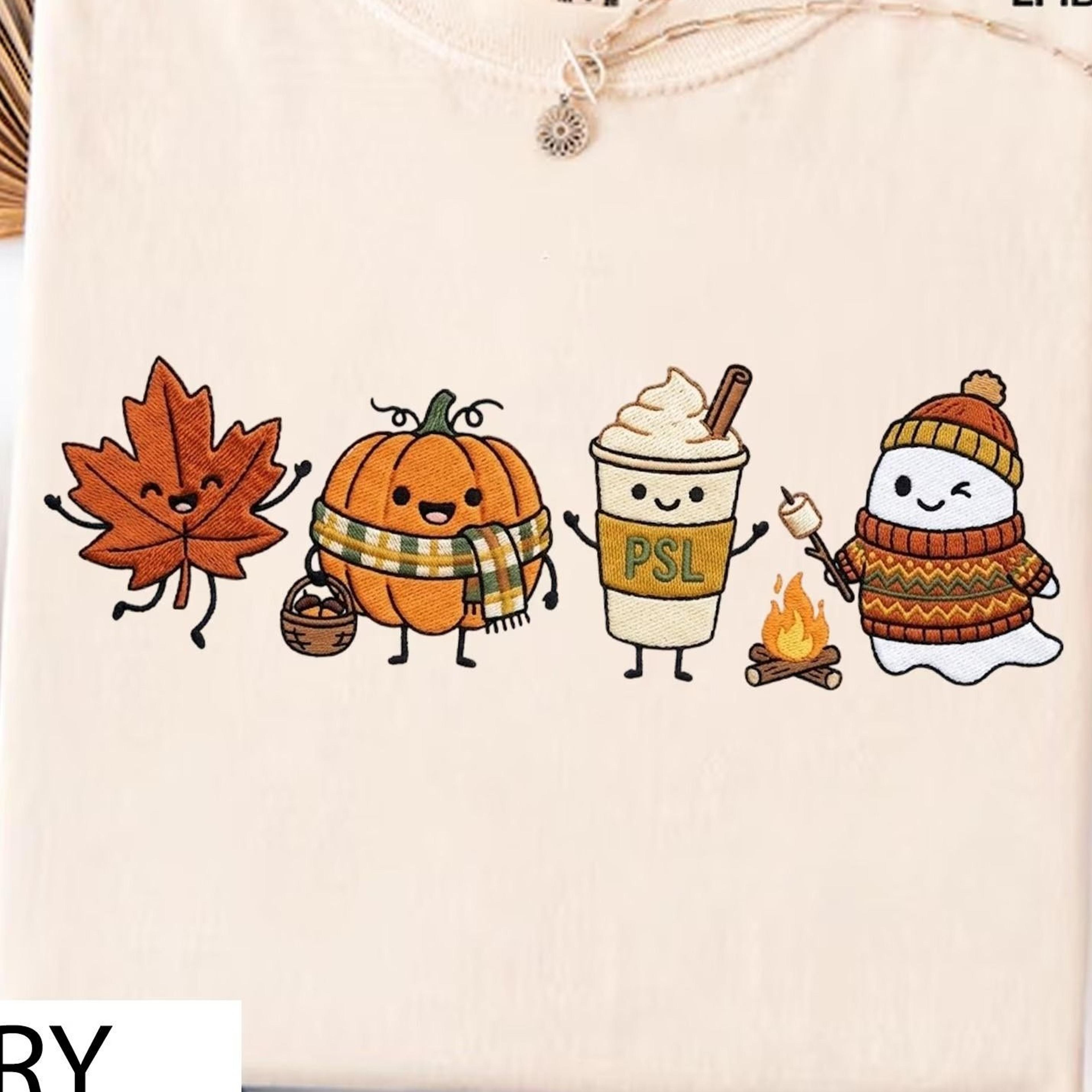 cute fall doodles embroidered shirt, autumn doodle tee, pumpkin ghost psl shirt, cozy hallowee