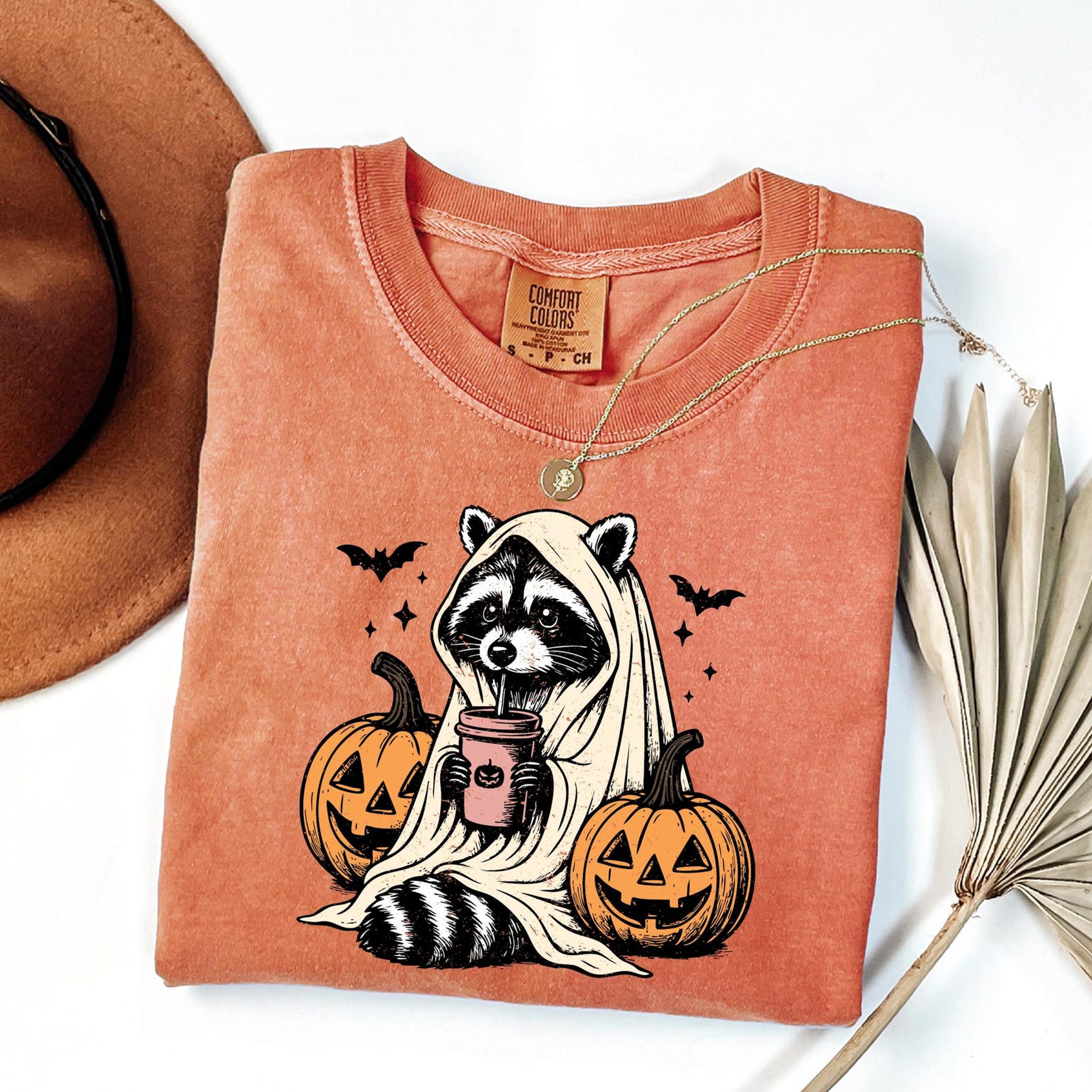raccoon halloween shirt ghost raccoon pumpkin coffee graphic tee for women