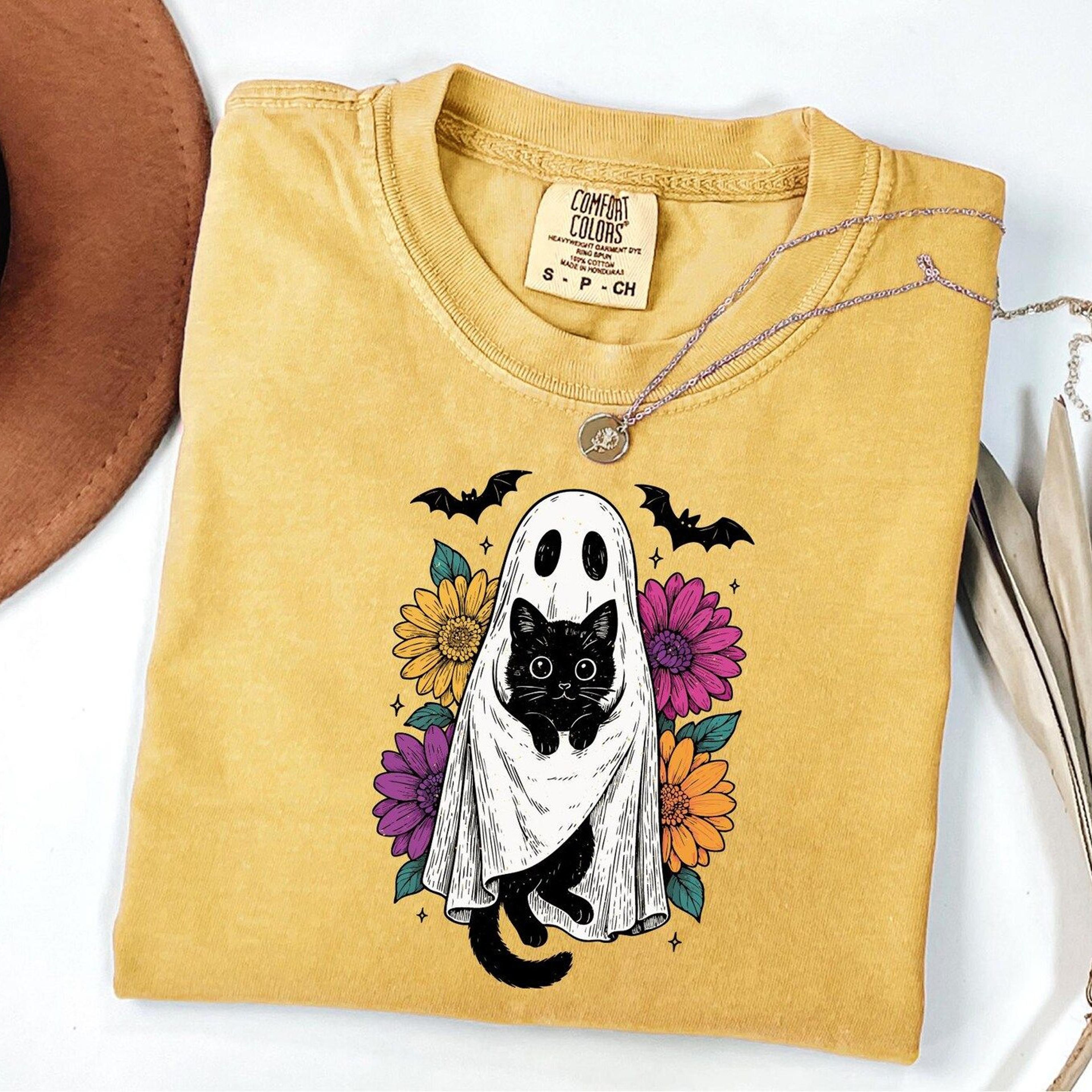 ghost and cat halloween shirt floral ghost cat womens fall graphic tee