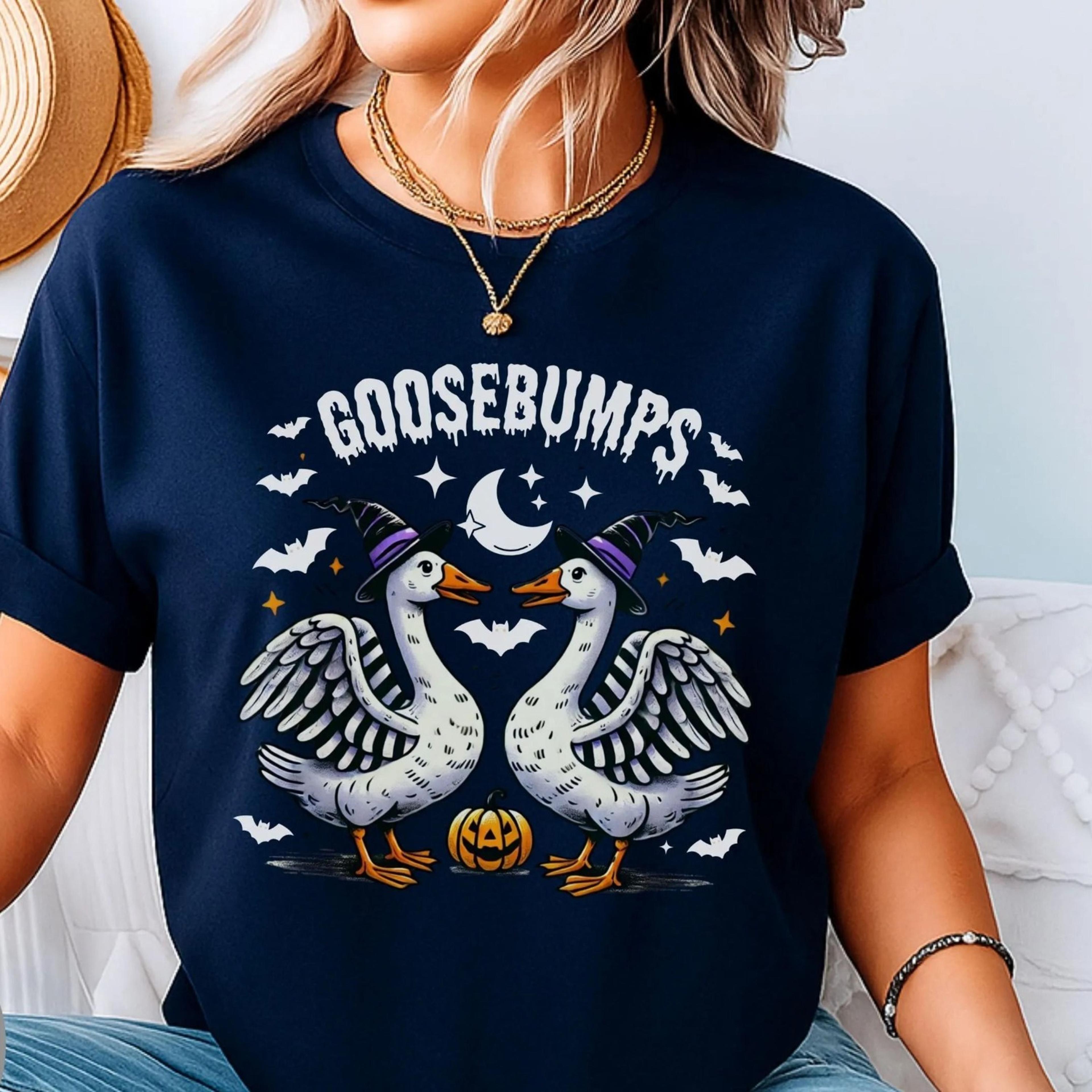 spooky goose witch hat halloween shirt funny goose tee, cute pumpkin jack o lantern top, unisex crewneck halloween tshi