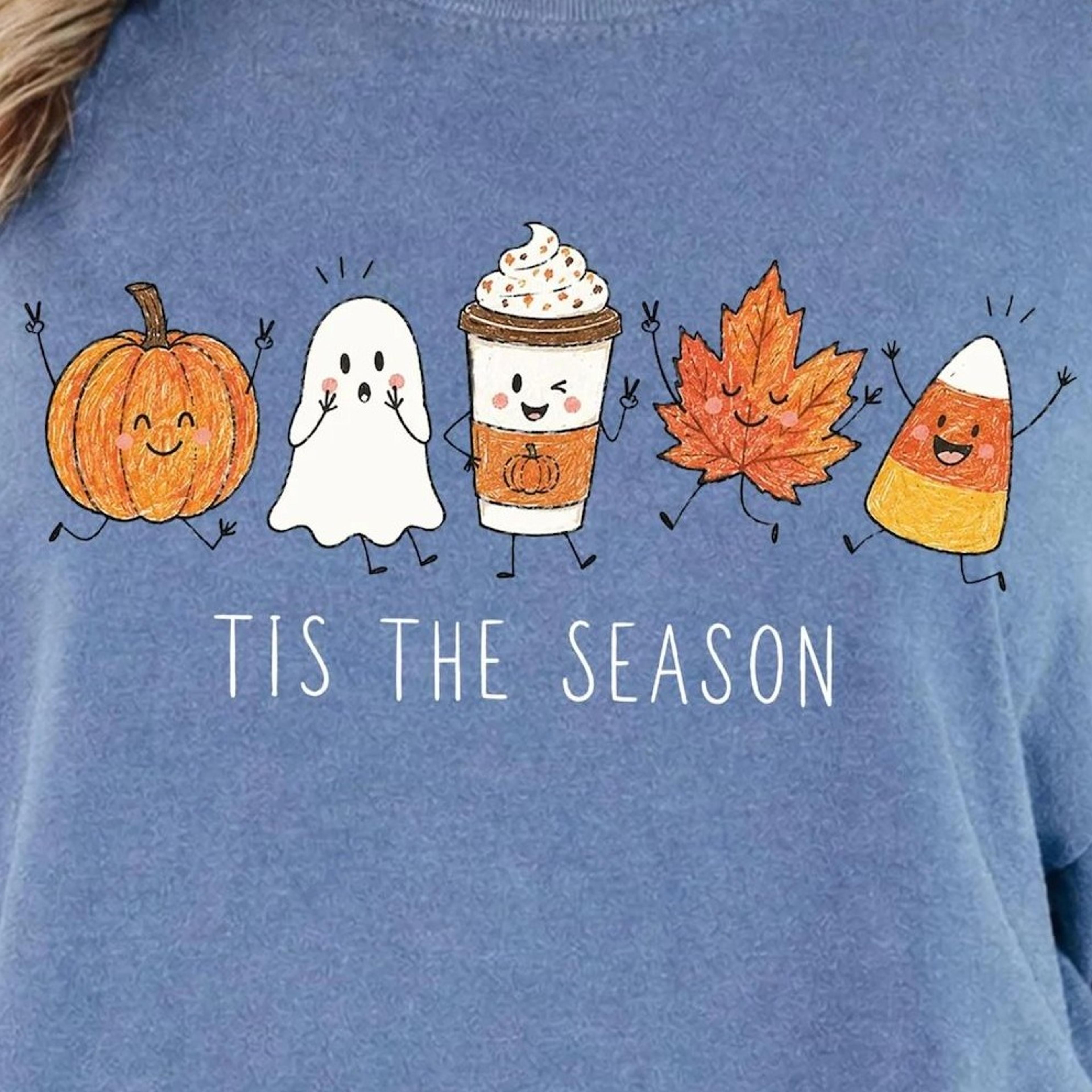 tis the season fall doodles shirt, cute pumpkin ghost coffee cup maple leaf candy corn tee, funny autumn halloween comfo