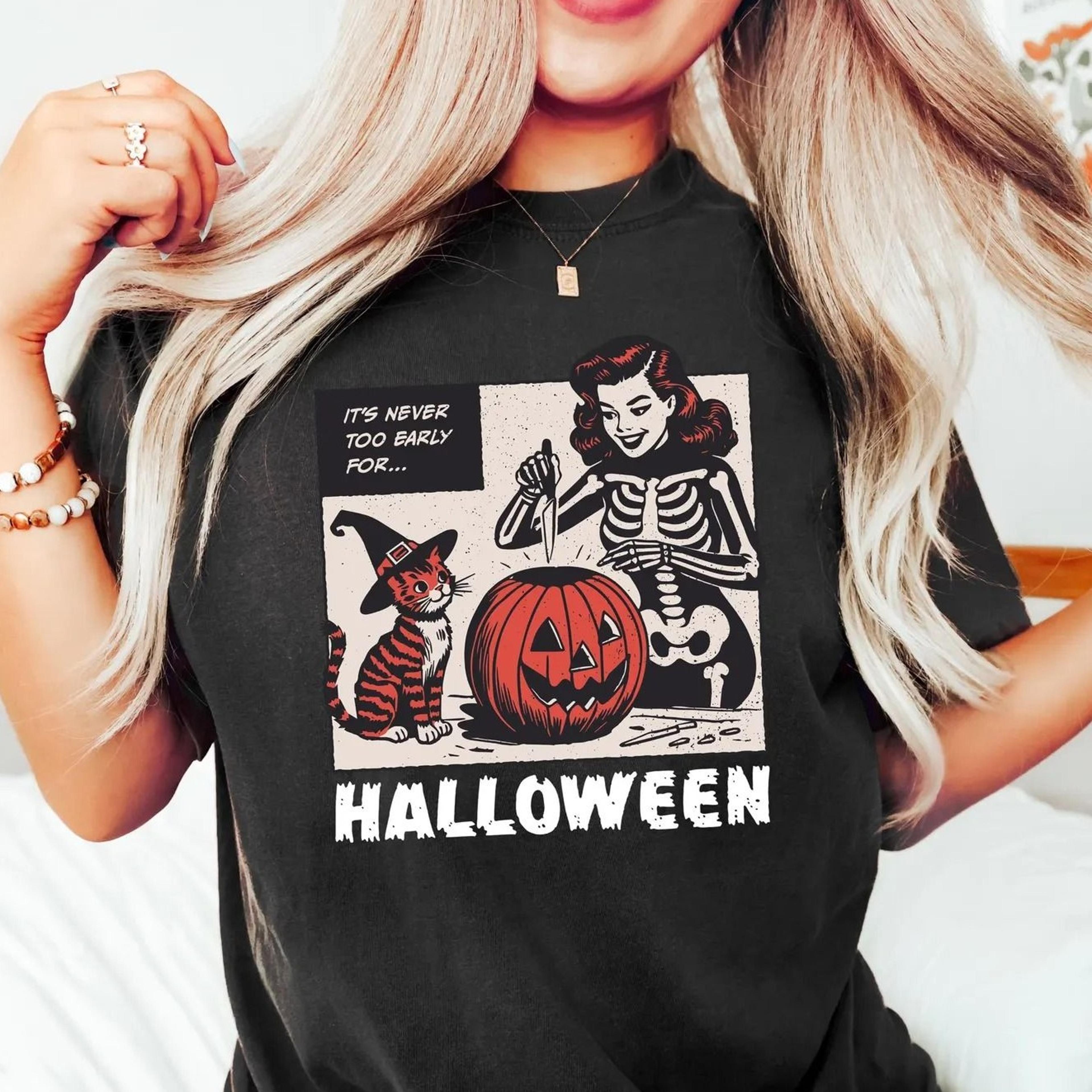 retro halloween sweatshirt, it's never too early for halloween shirt, cat halloween tshirt, scary black cat shirt, spook