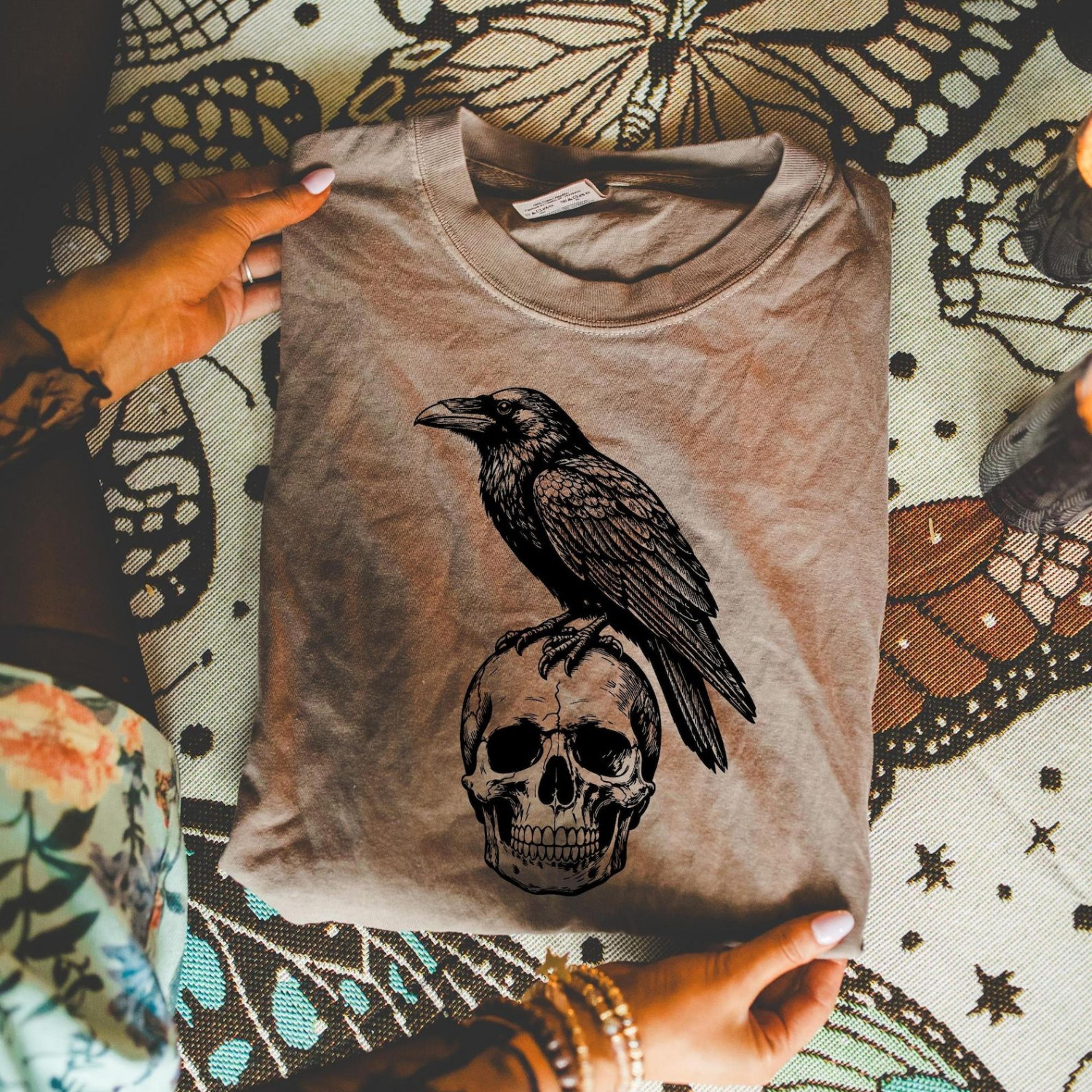 gothic raven skull shirt dark forest crow vintage halloween graphic tee