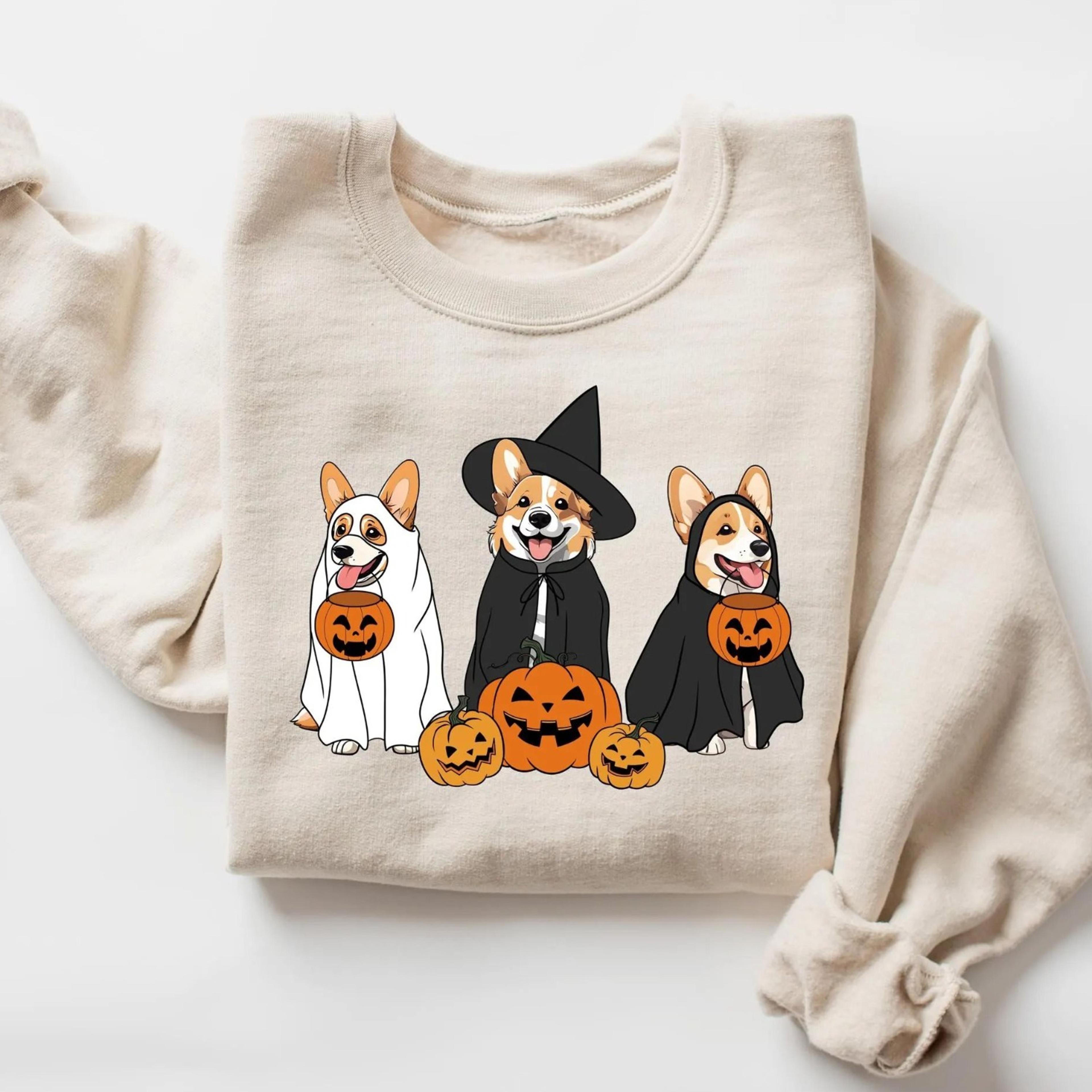 ghost and witch corgi dog halloween sweatshirt, ghost corgi dog shirt, retro halloween shirt, dog lover gift, ghost dog