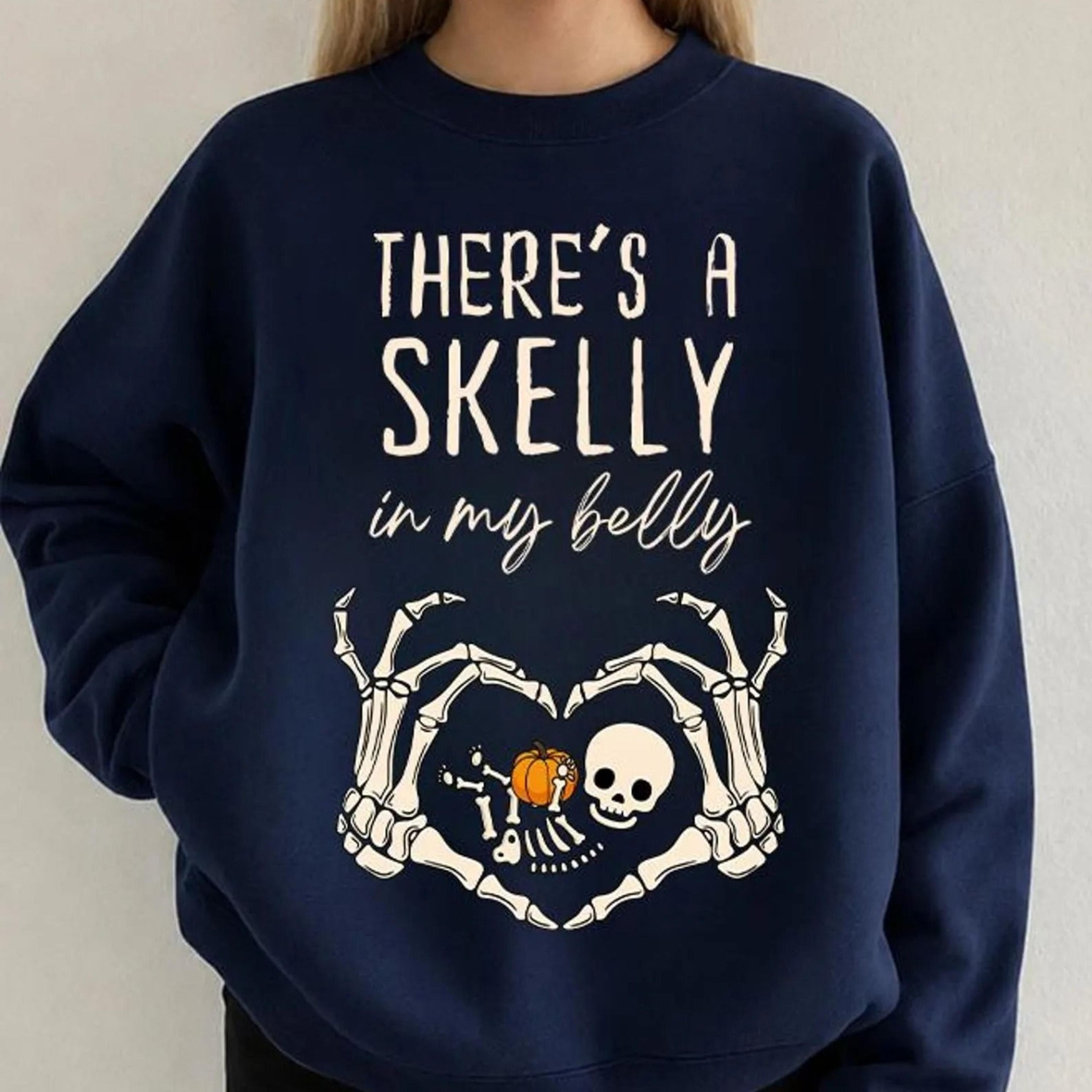 skeleton halloween maternity sweatshirt, there's a skelly in my belly sweatshirt pregnancy announcement, spooky mama sh