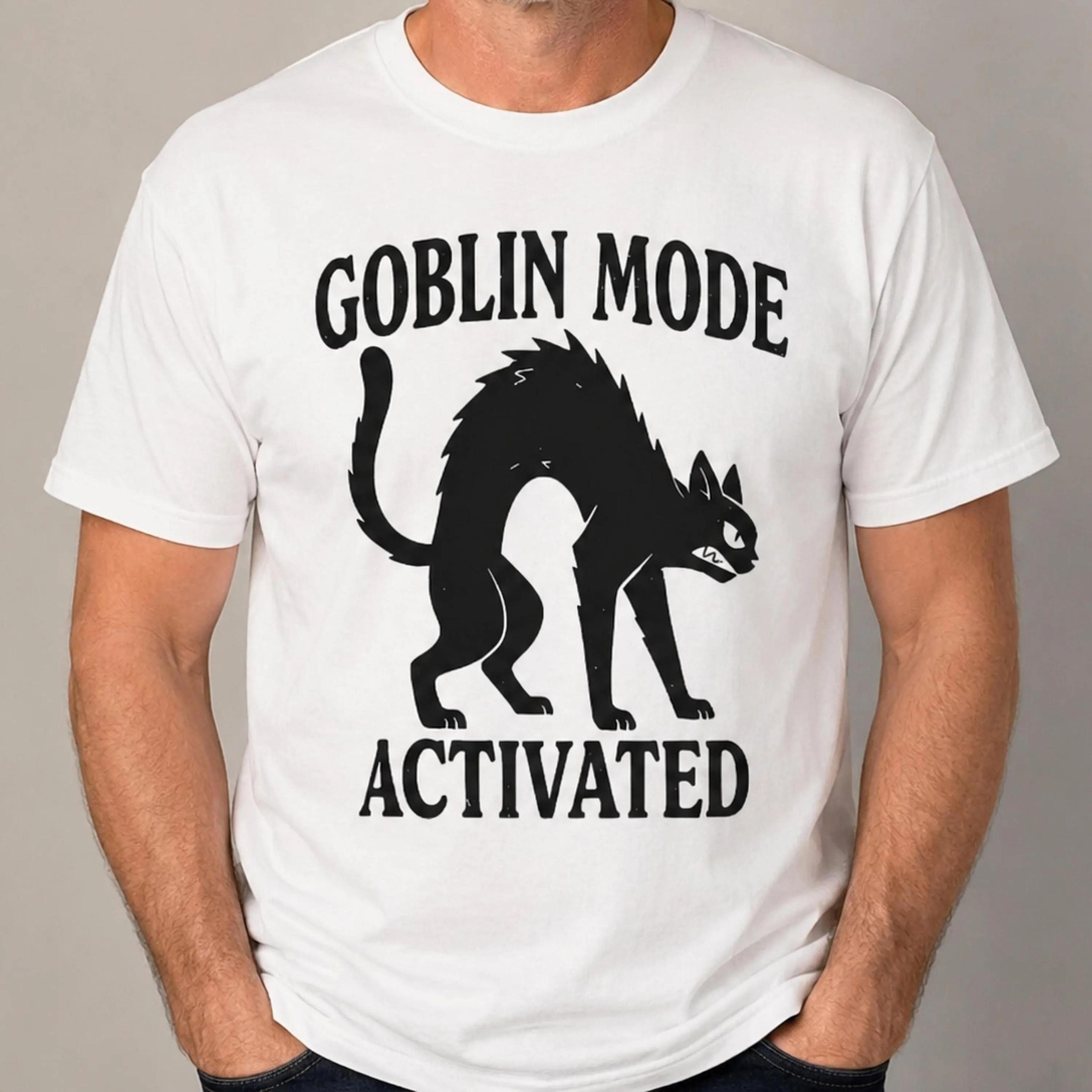 goblin mode activated black cat spooky season halloween t-shirt, spooky black cat graphic tee, funny introvert halloween