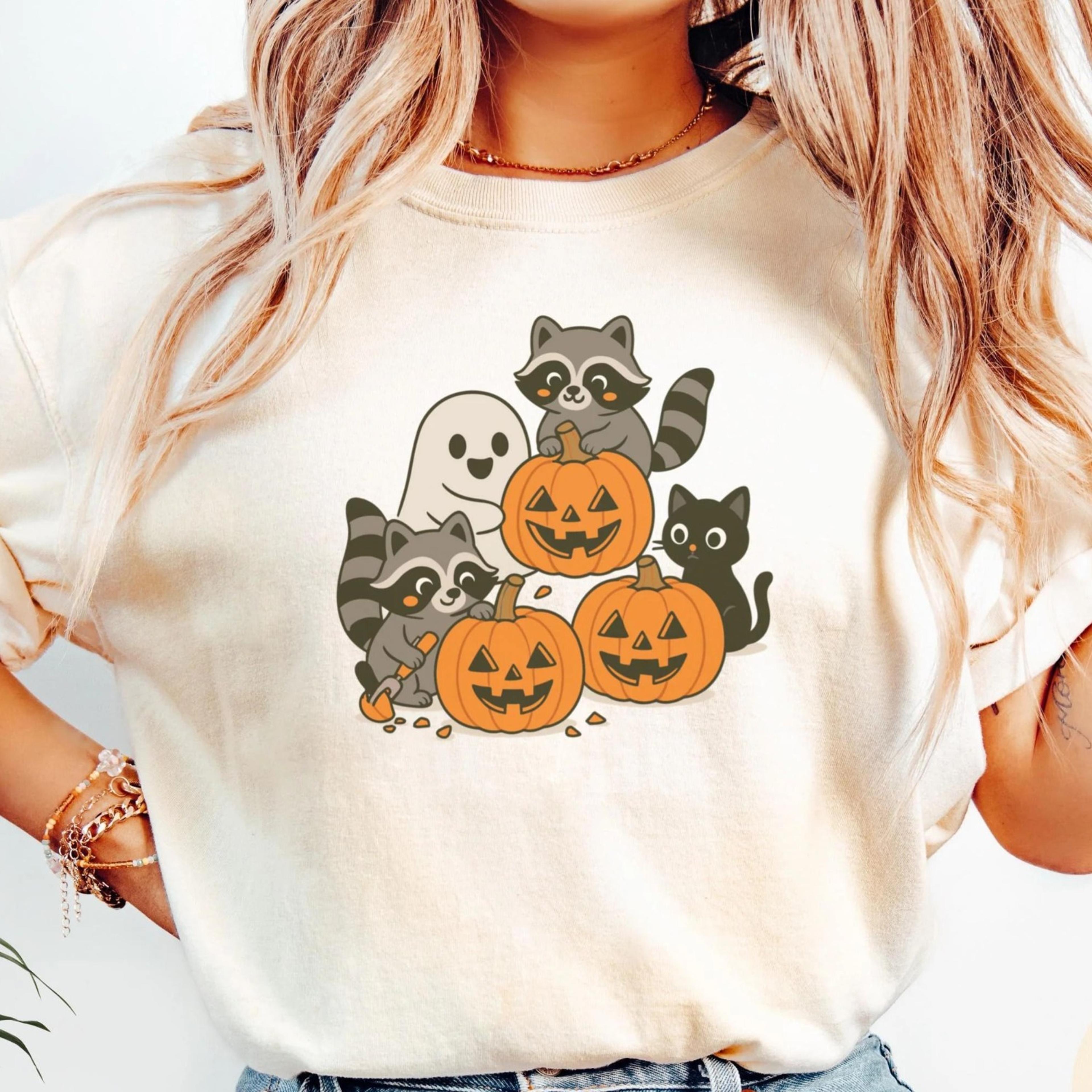 raccoon ghost black cat pumpkin carving shirt, cute fall halloween tee, spooky season raccoon lover gift