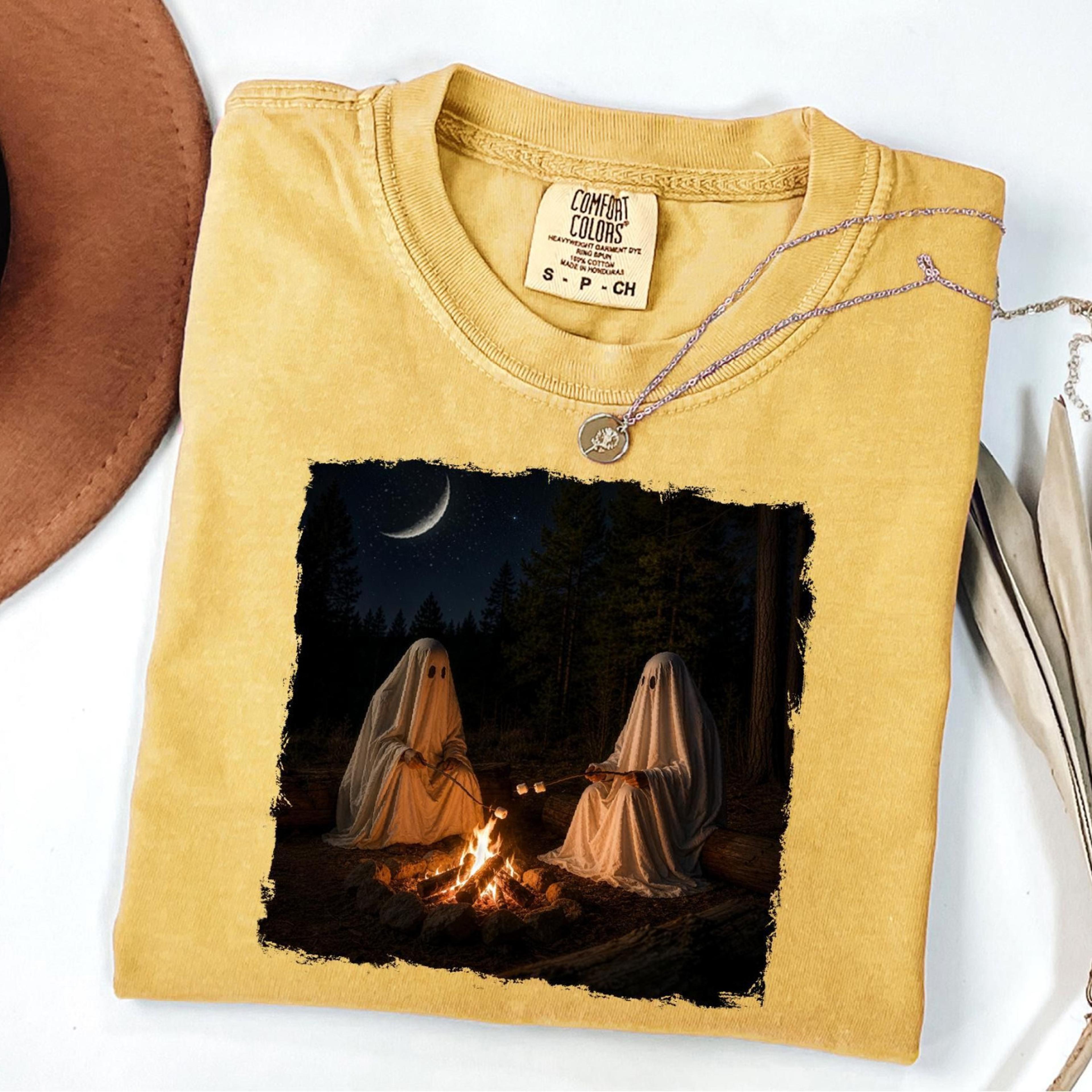 retro halloween shirt cozy campfire ghost graphic tee for fall