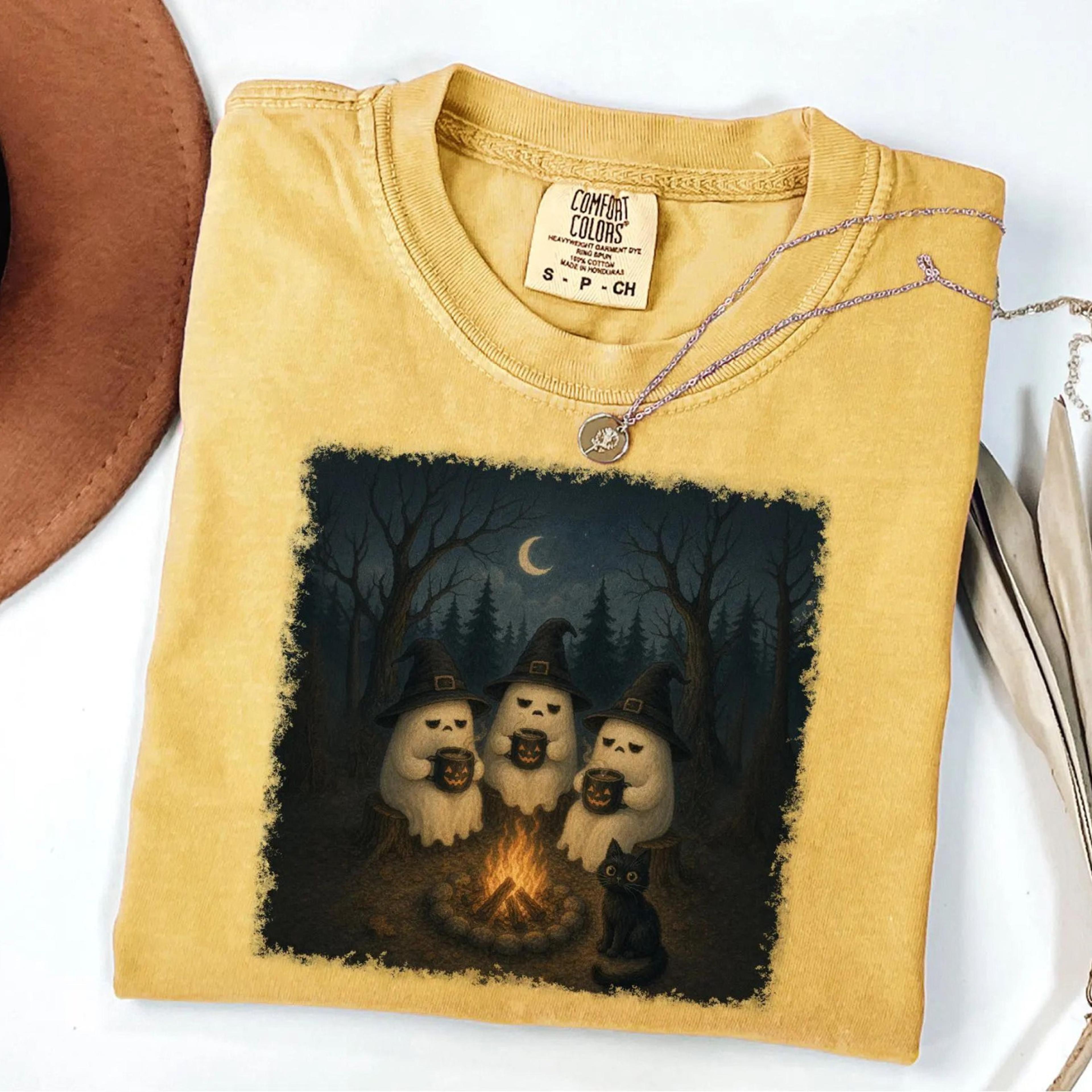 cozy campfire ghosts t-shirt witch hat black cat halloween graphic tee