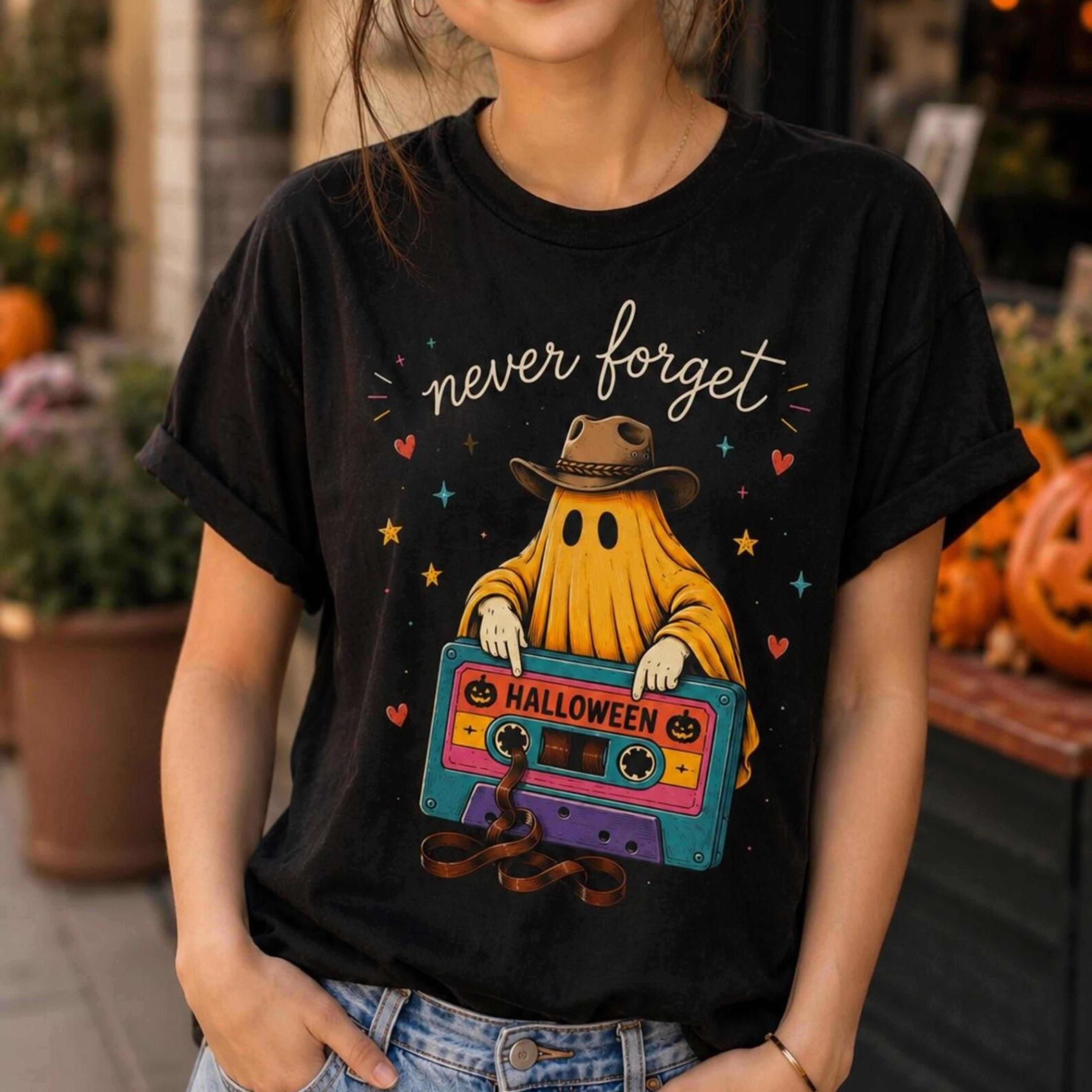 ghost cassette tape halloween t-shirt, retro spooky graphic tee vintage autumn unisex shirt